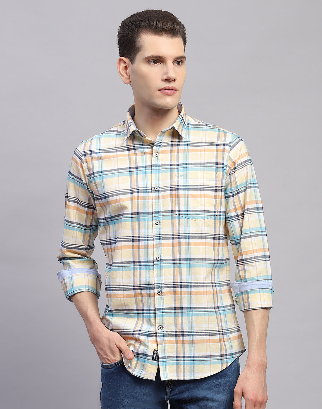 Men Orange Check Collar Full Sleeve Shirt