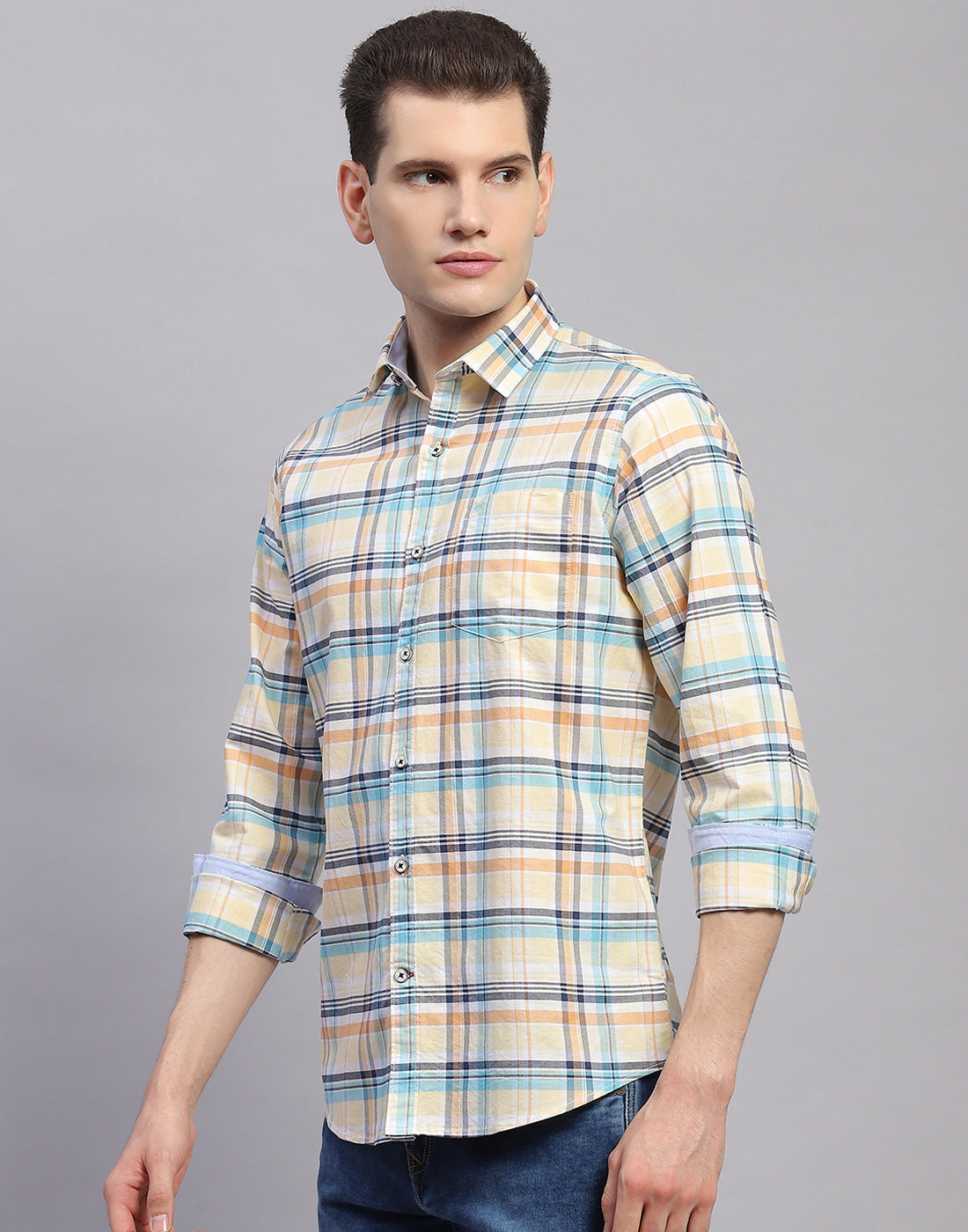 Men Orange Check Collar Full Sleeve Shirt