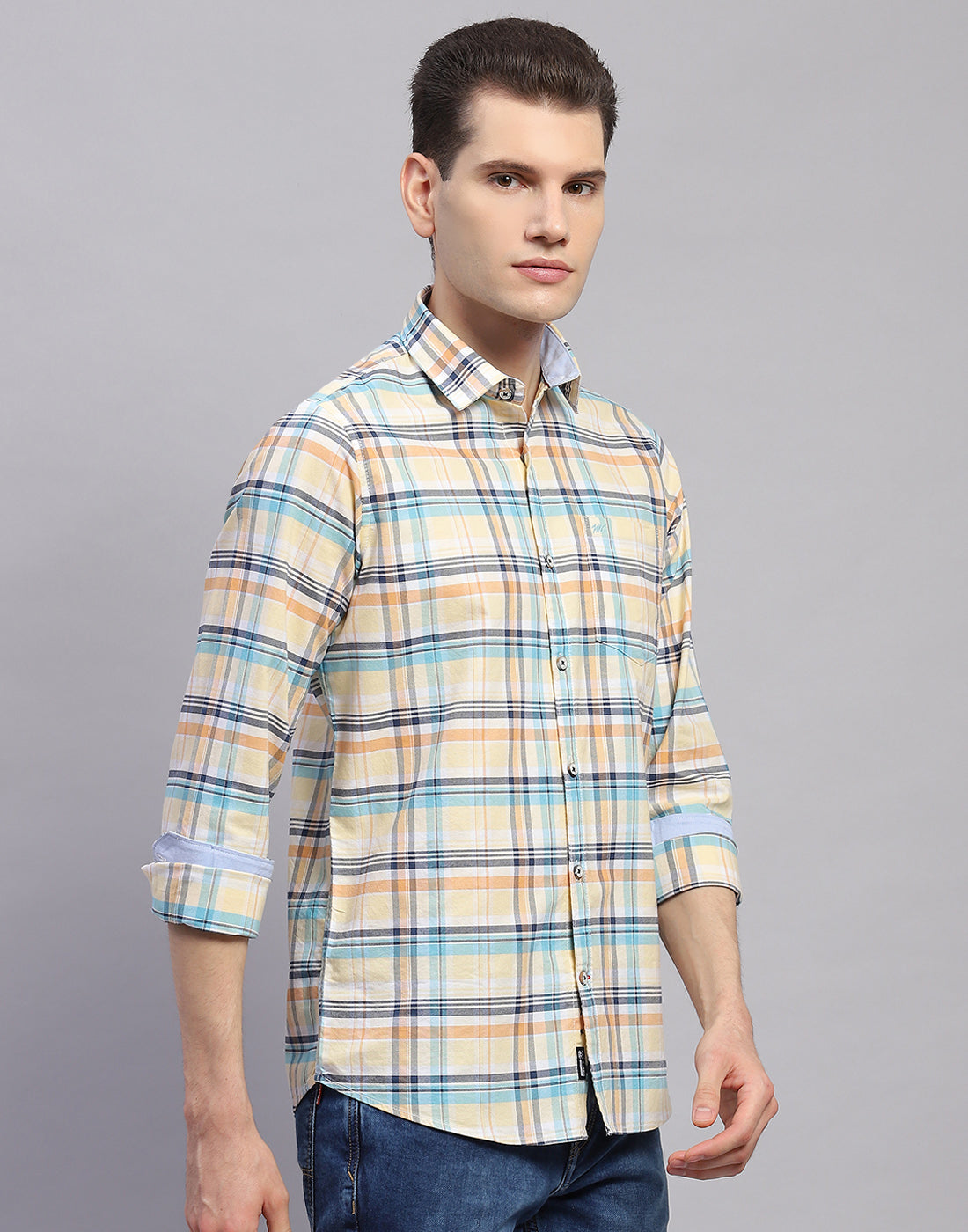 Men Orange Check Collar Full Sleeve Shirt