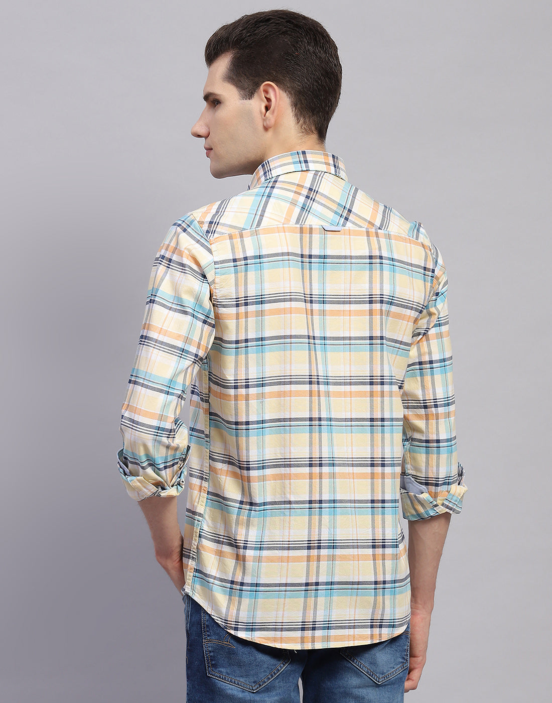 Men Orange Check Collar Full Sleeve Shirt