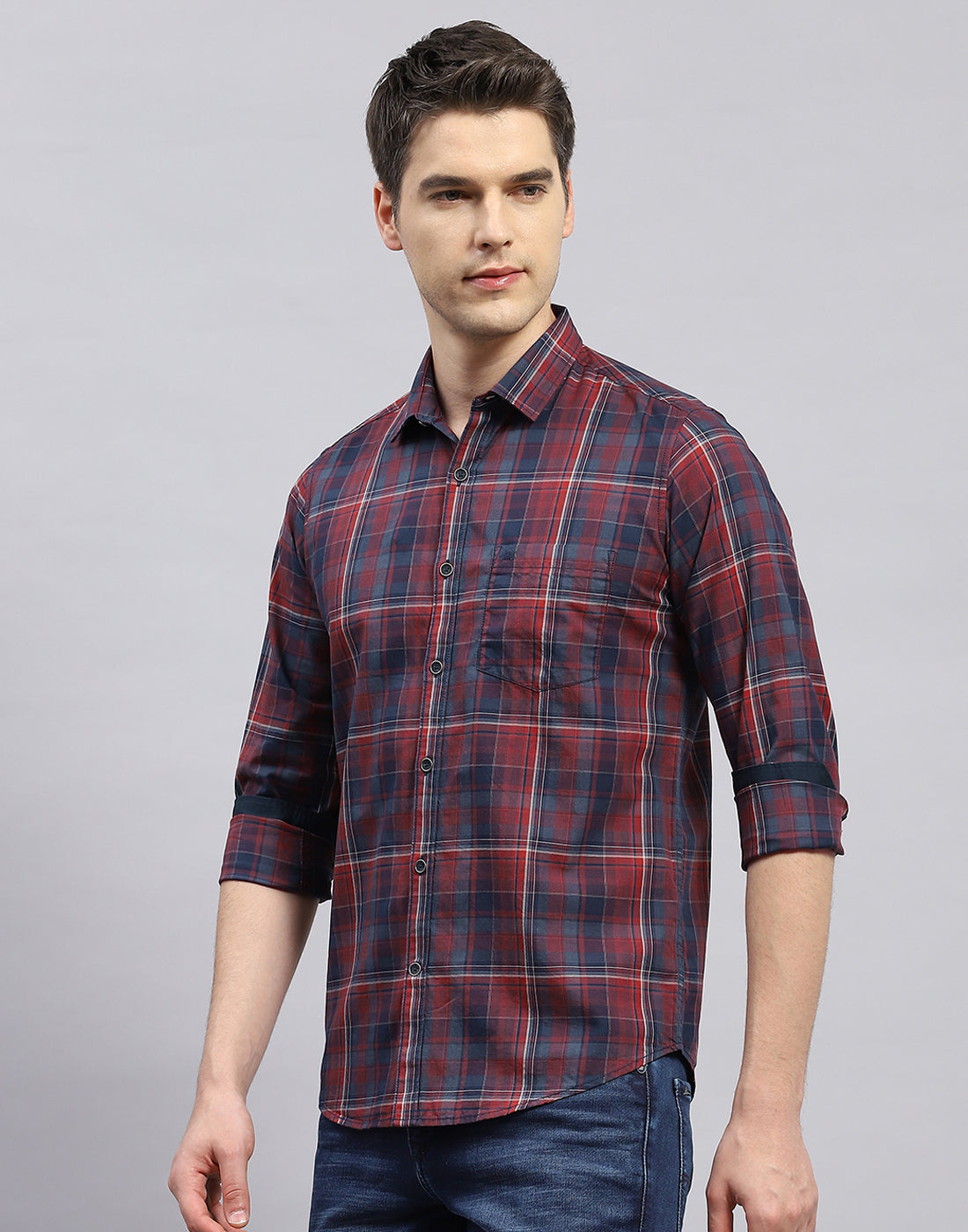 Men Red Check Collar Full Sleeve Shirt