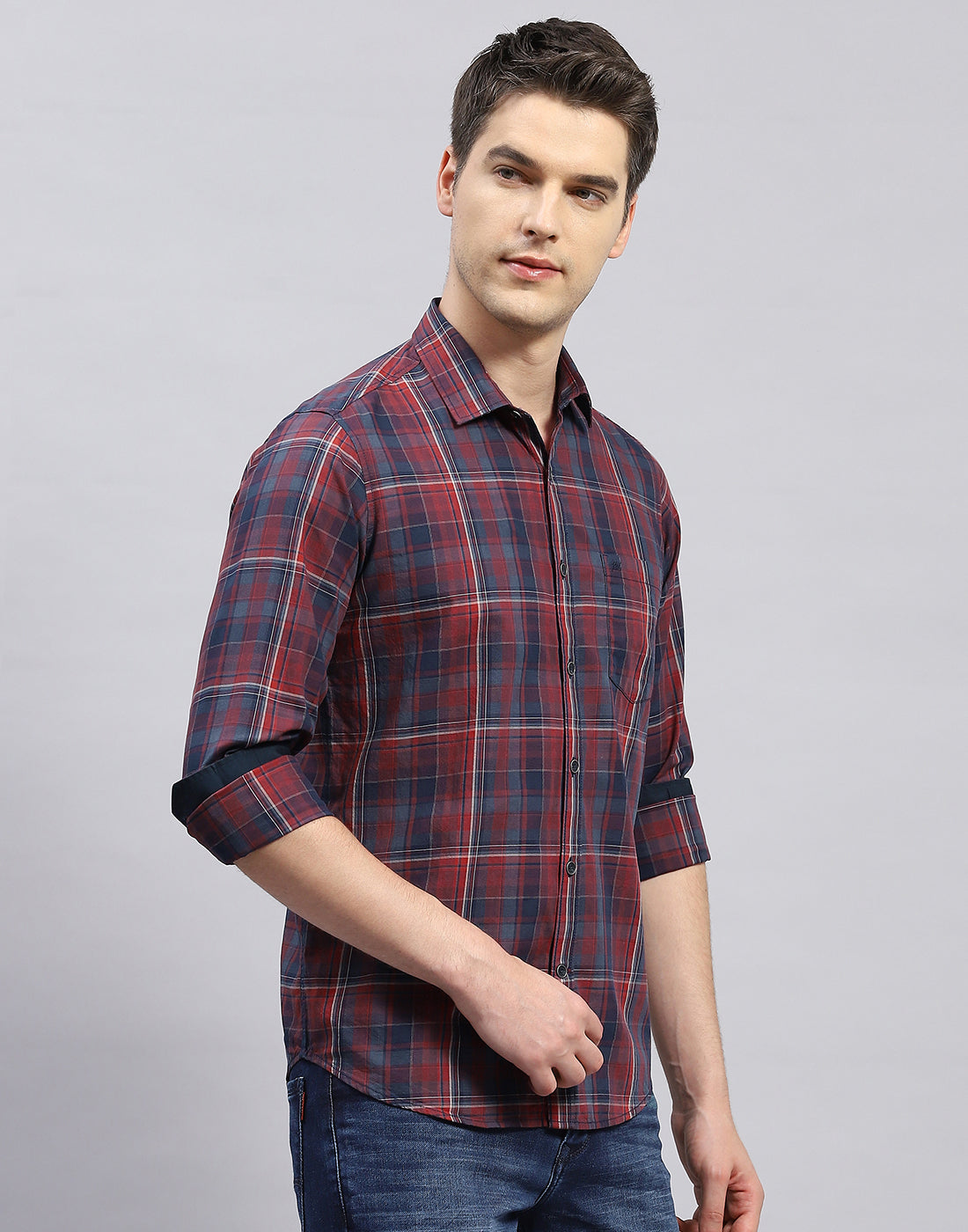 Men Red Check Collar Full Sleeve Shirt