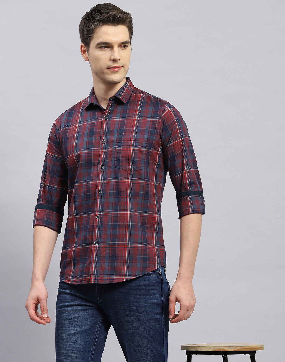 Men Red Check Collar Full Sleeve Shirt