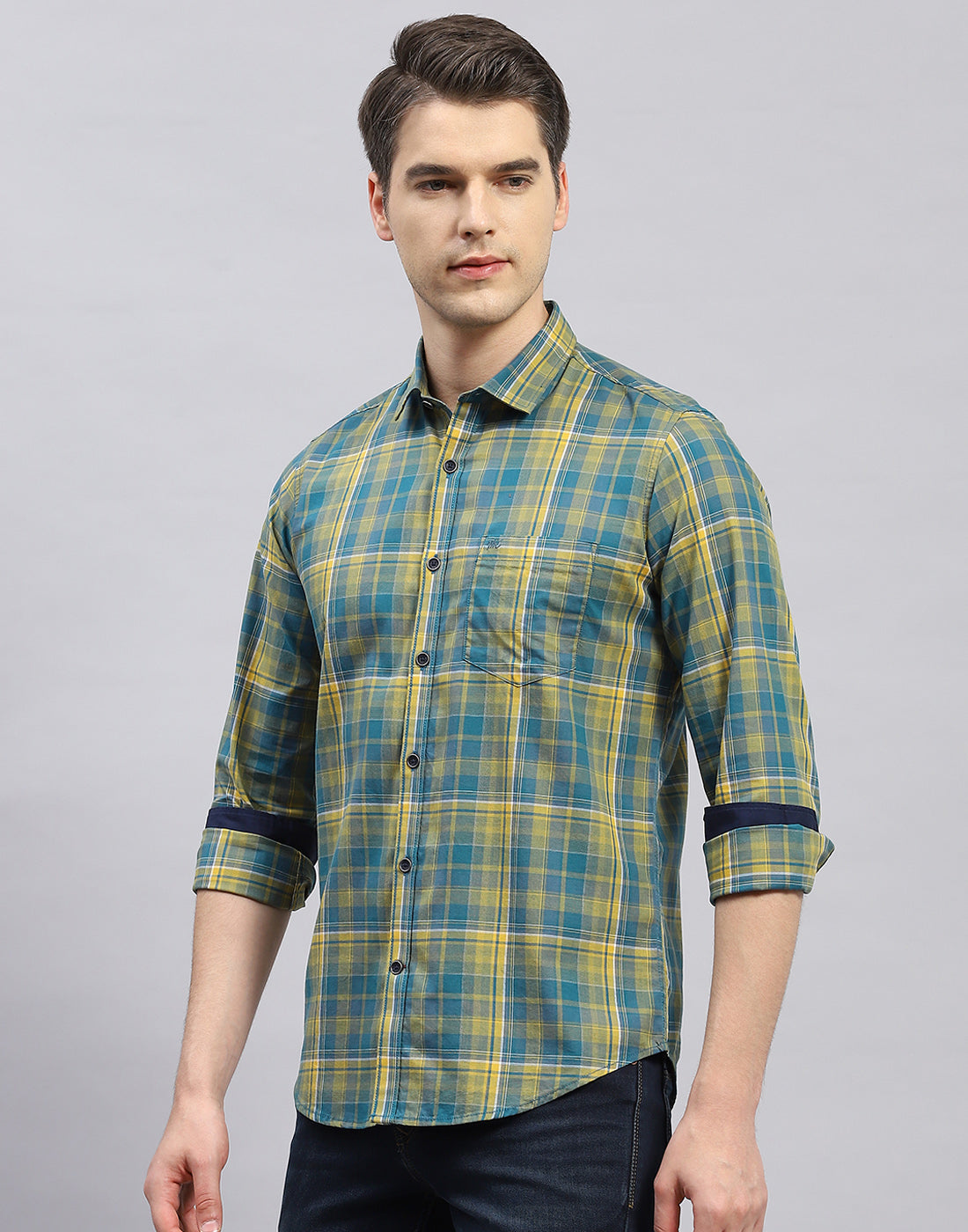 Men Yellow Check Collar Full Sleeve Shirt