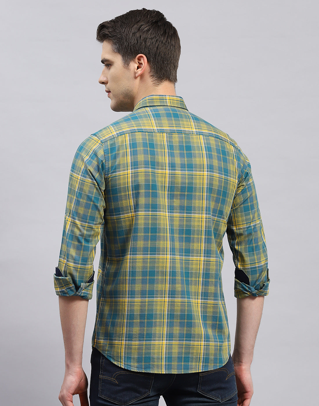 Men Yellow Check Collar Full Sleeve Shirt