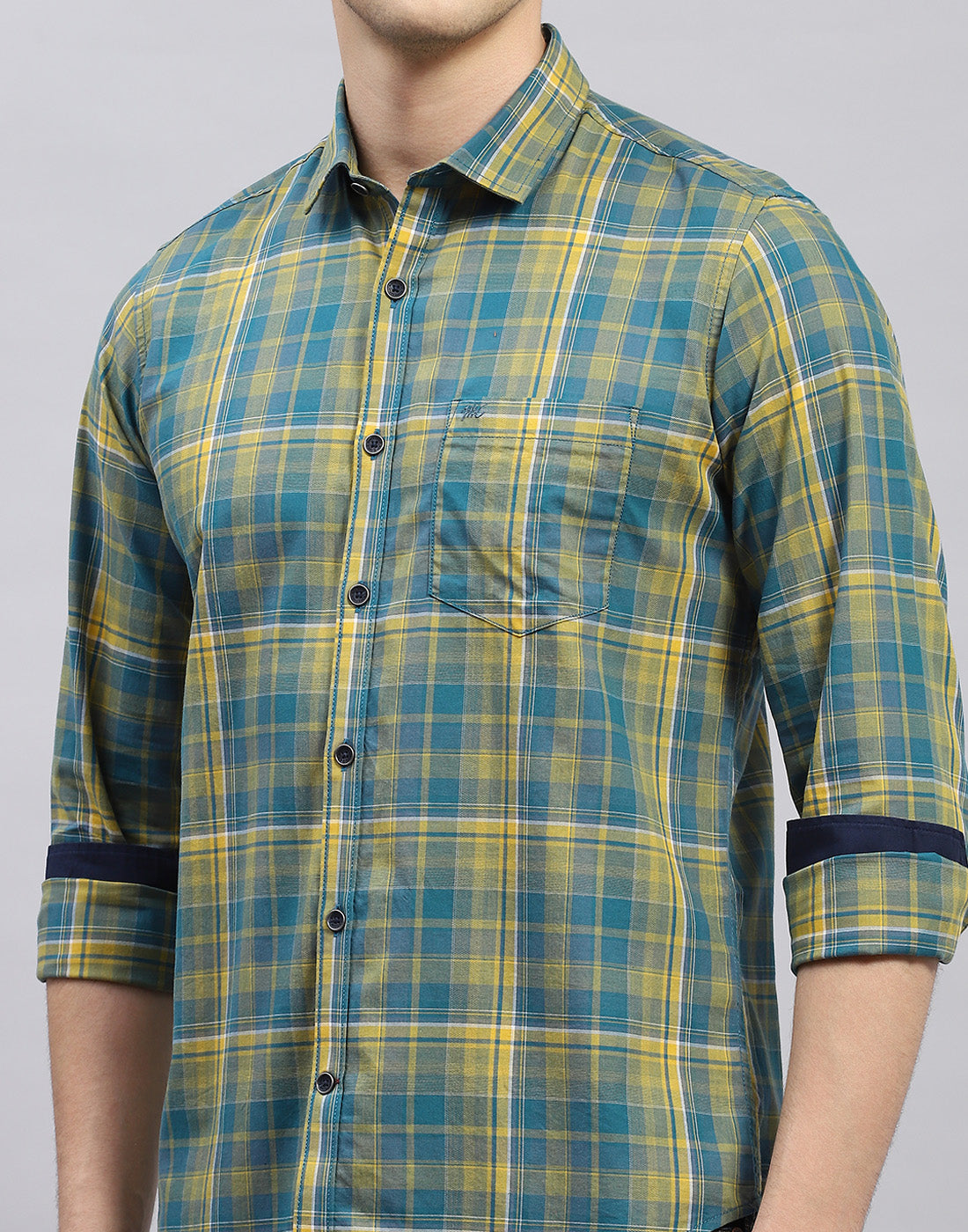 Men Yellow Check Collar Full Sleeve Shirt