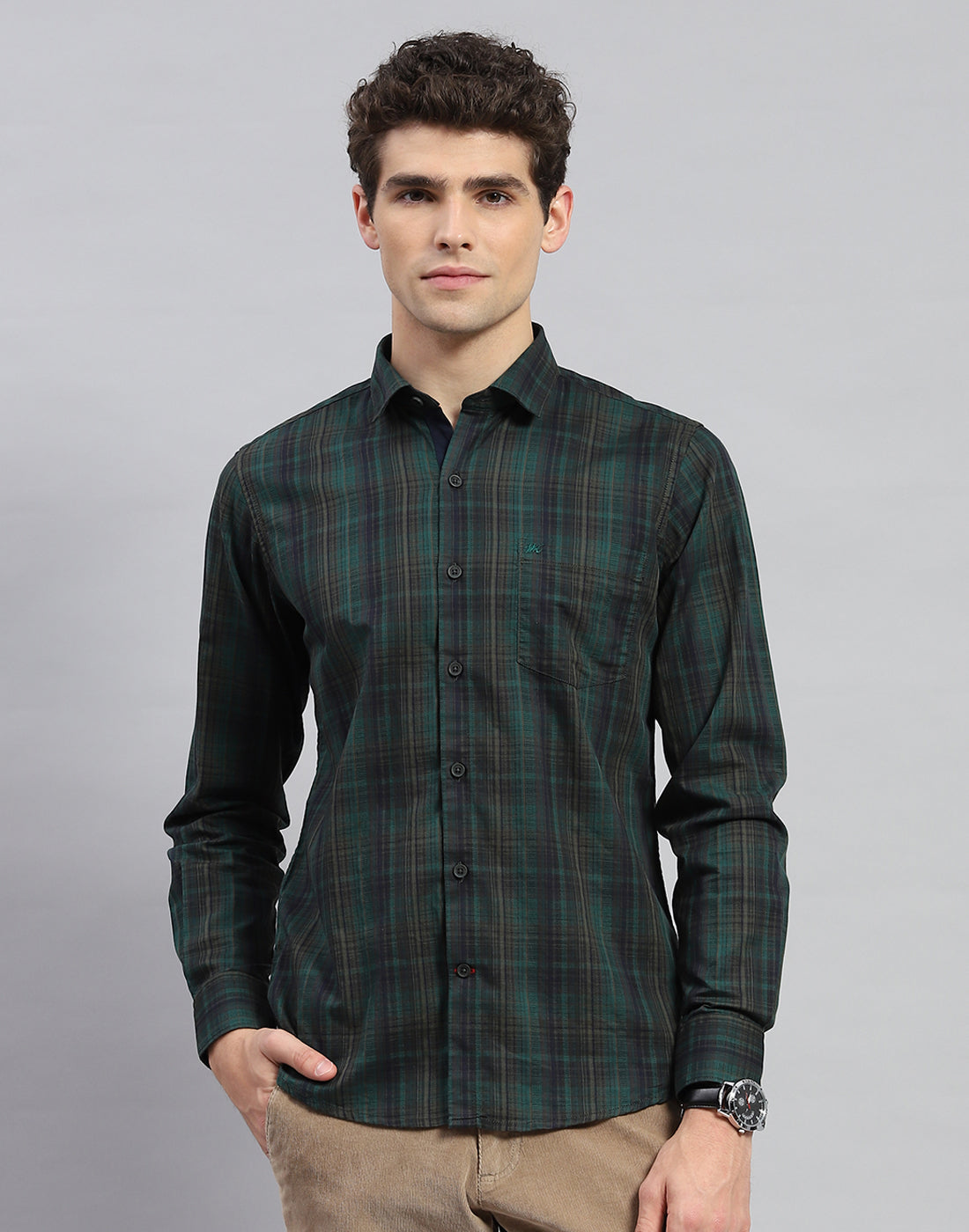 Men Green Check Collar Neck Full Sleeve Shirt