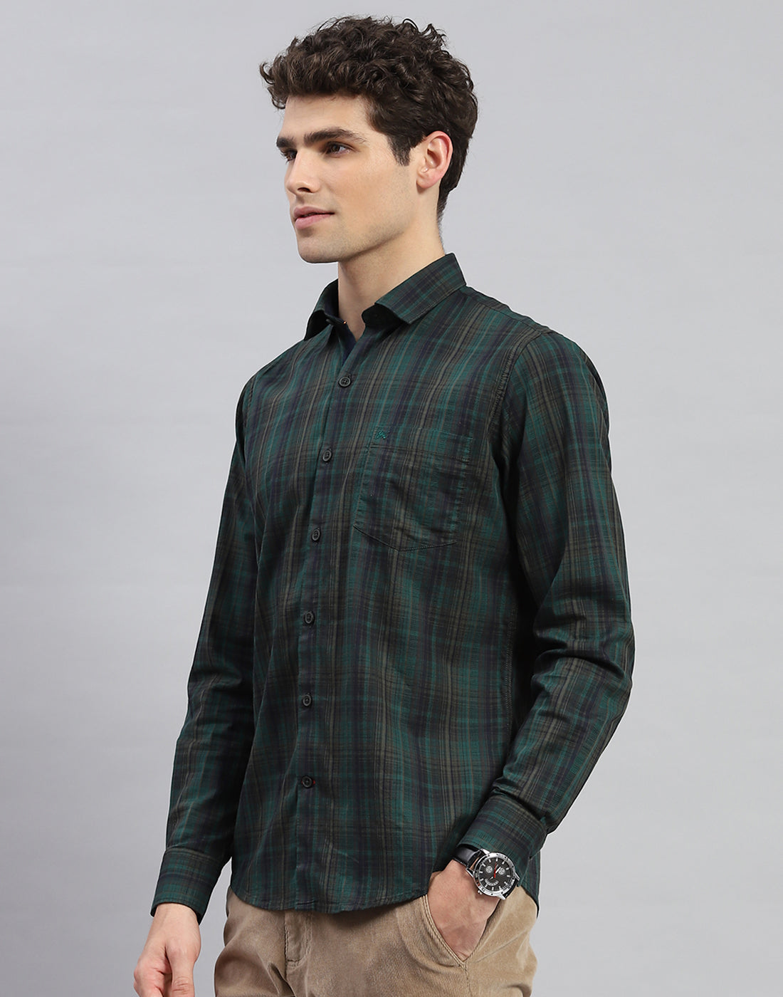 Men Green Check Collar Neck Full Sleeve Shirt