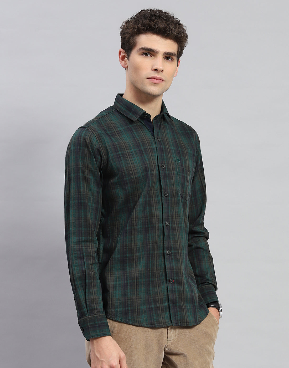 Men Green Check Collar Neck Full Sleeve Shirt