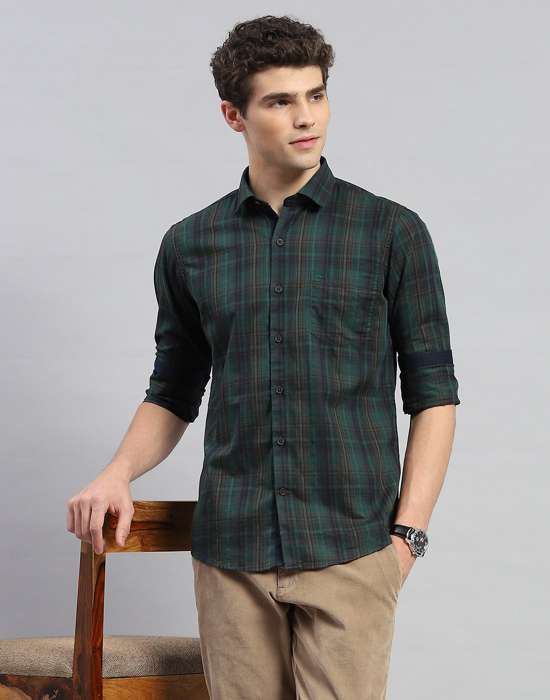 Men Green Check Collar Neck Full Sleeve Shirt