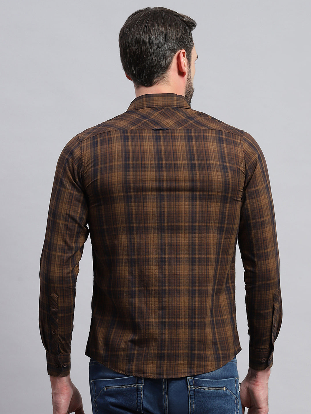 Men Brown Check Collar Full Sleeve Shirt