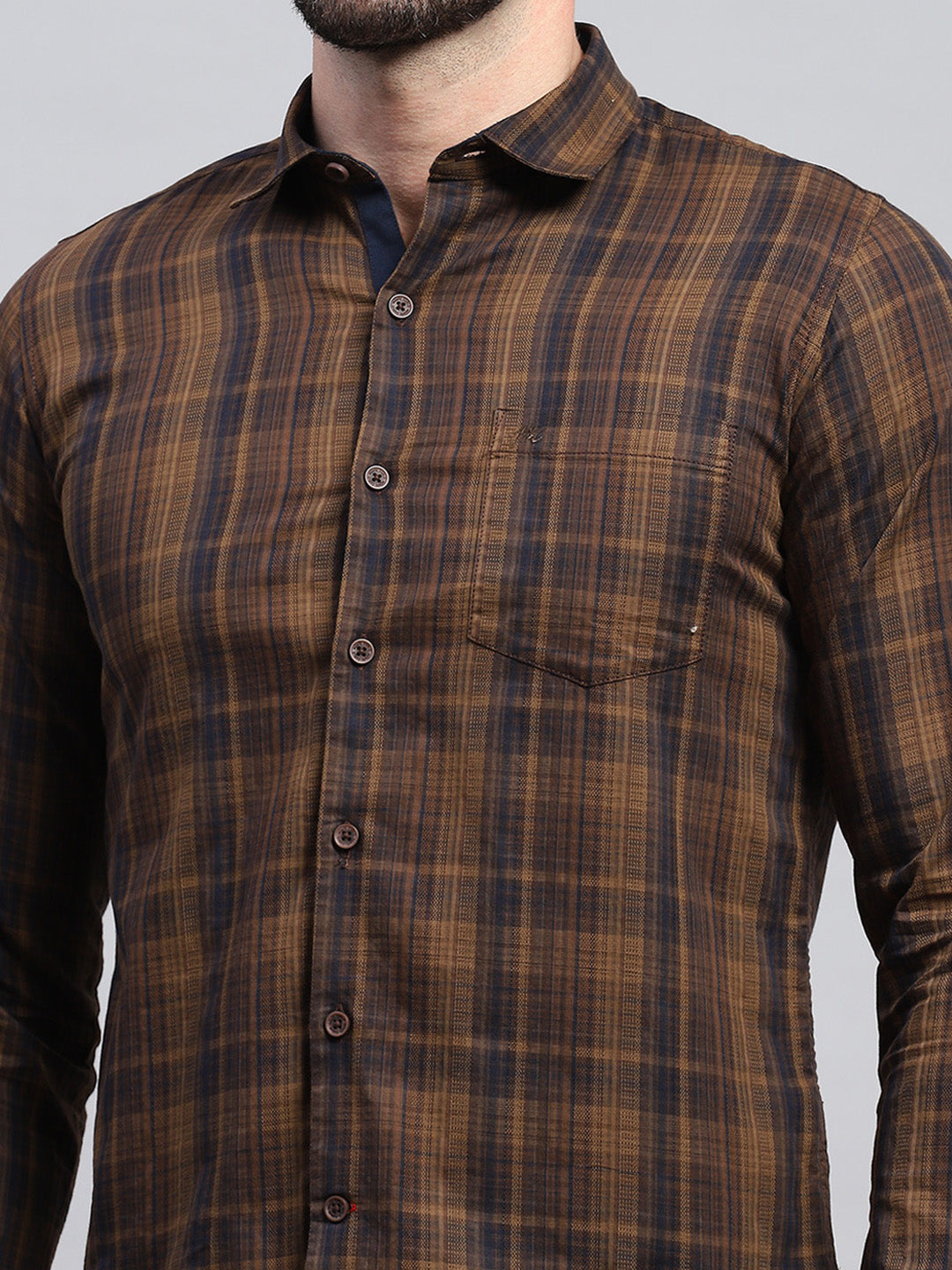 Men Brown Check Collar Full Sleeve Shirt