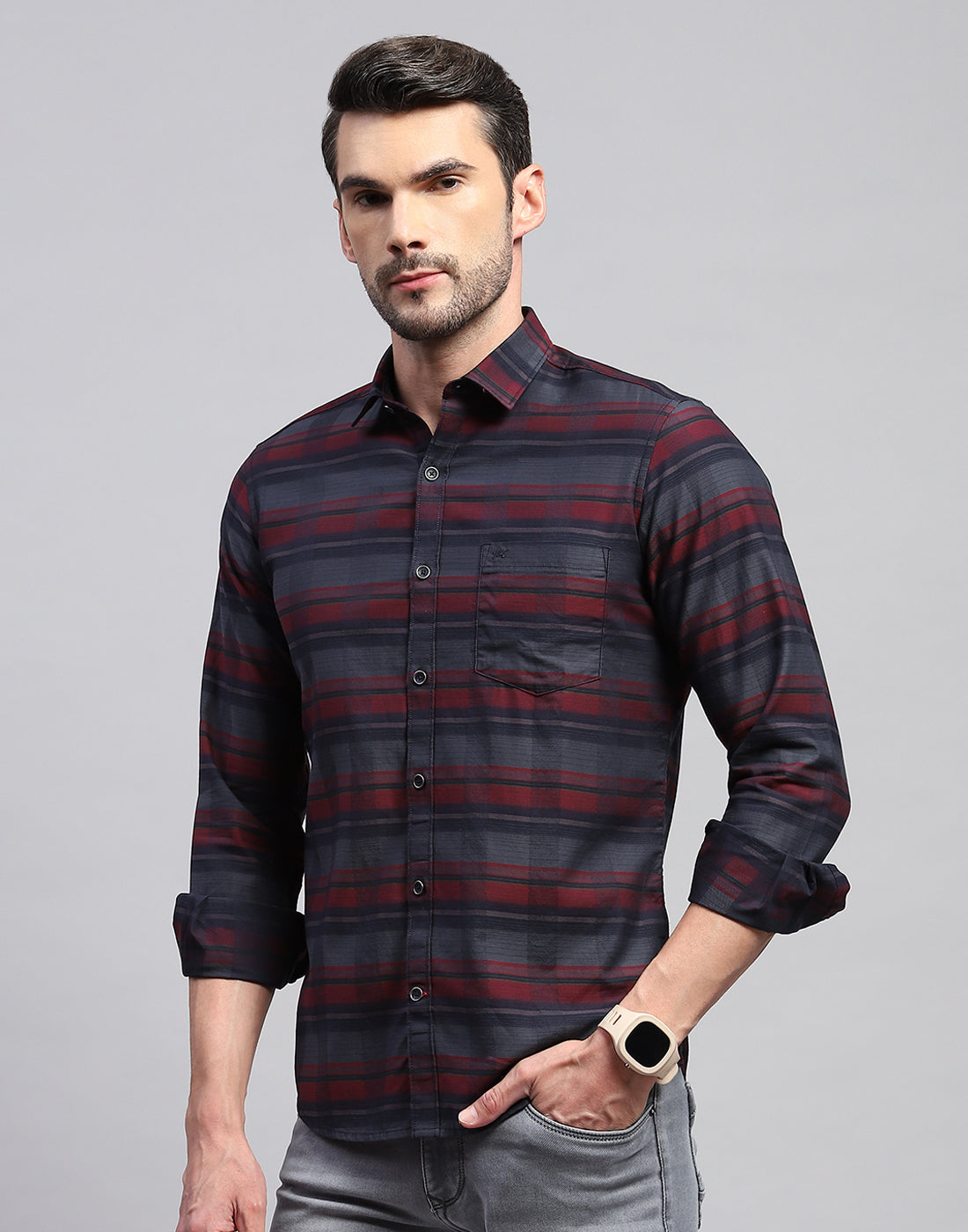 Men Maroon Check Collar Neck Full Sleeve Shirt