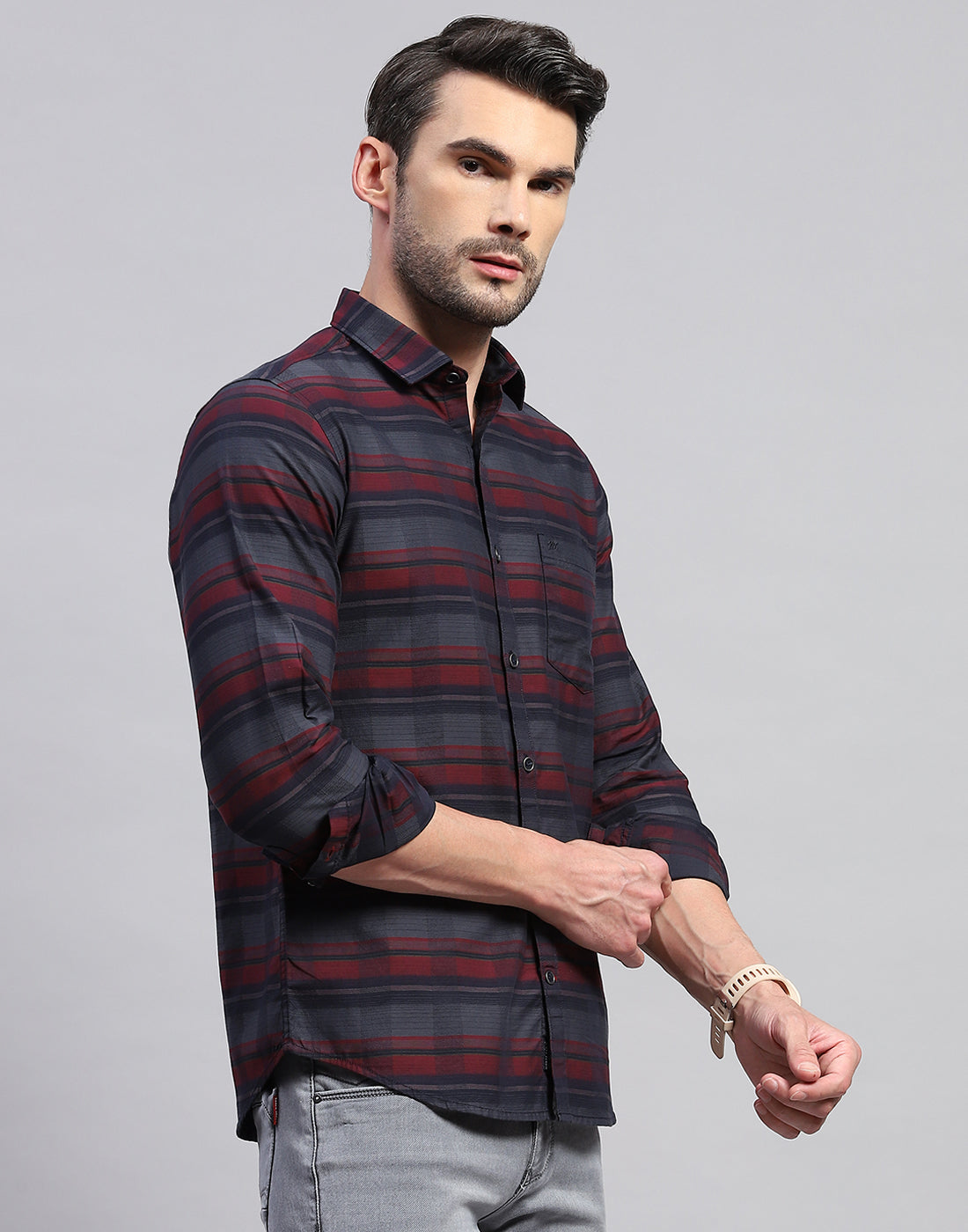 Men Maroon Check Collar Neck Full Sleeve Shirt