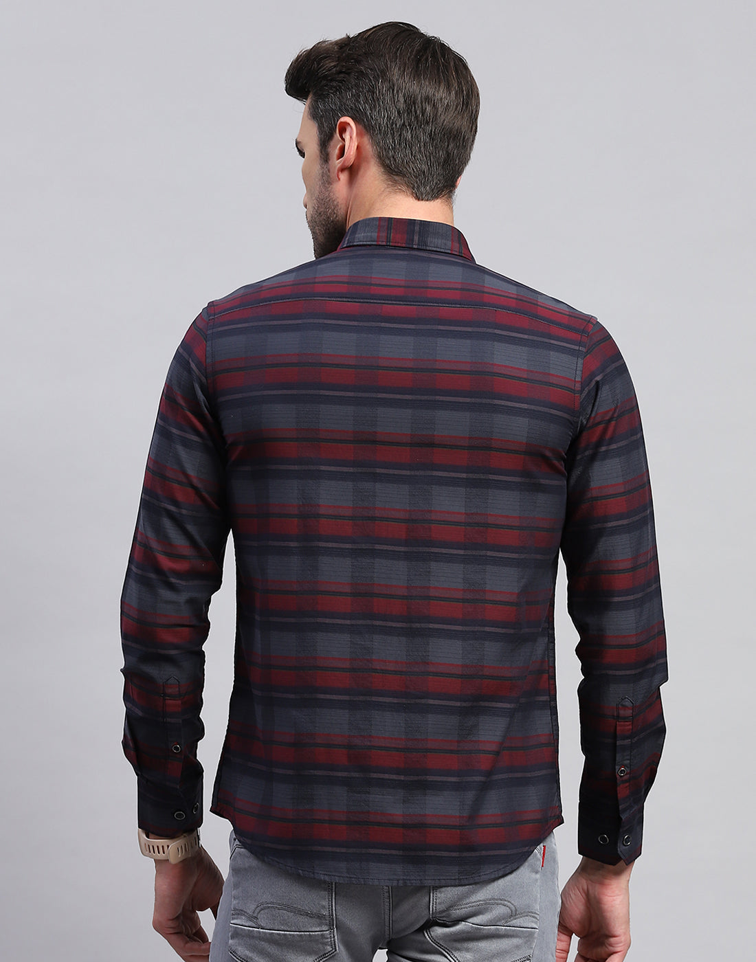 Men Maroon Check Collar Neck Full Sleeve Shirt