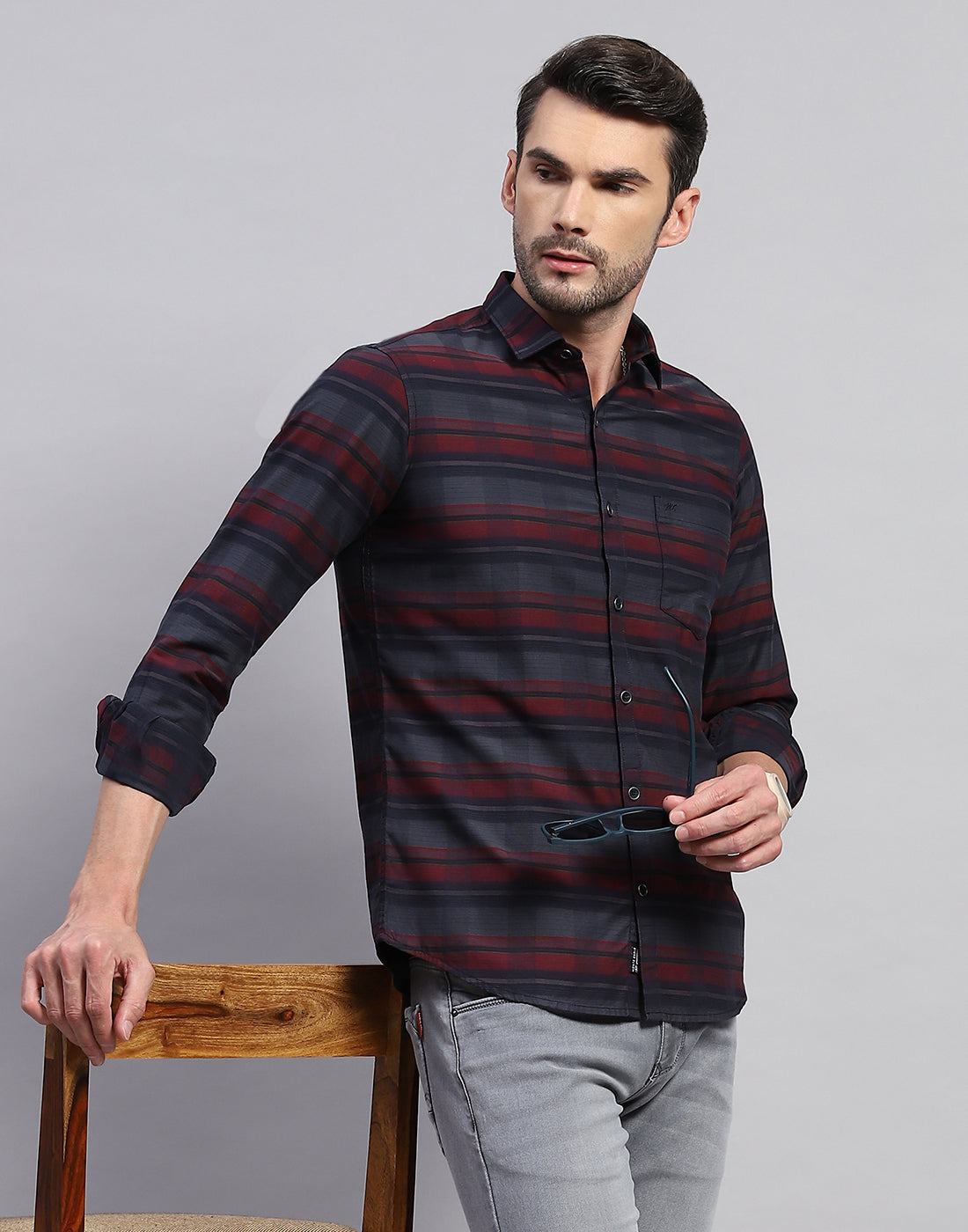 Men Maroon Check Collar Neck Full Sleeve Shirt