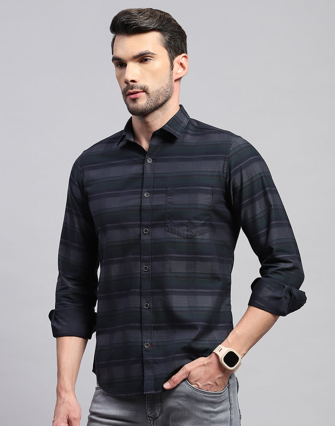 Men Grey Check Collar Neck Full Sleeve Shirt