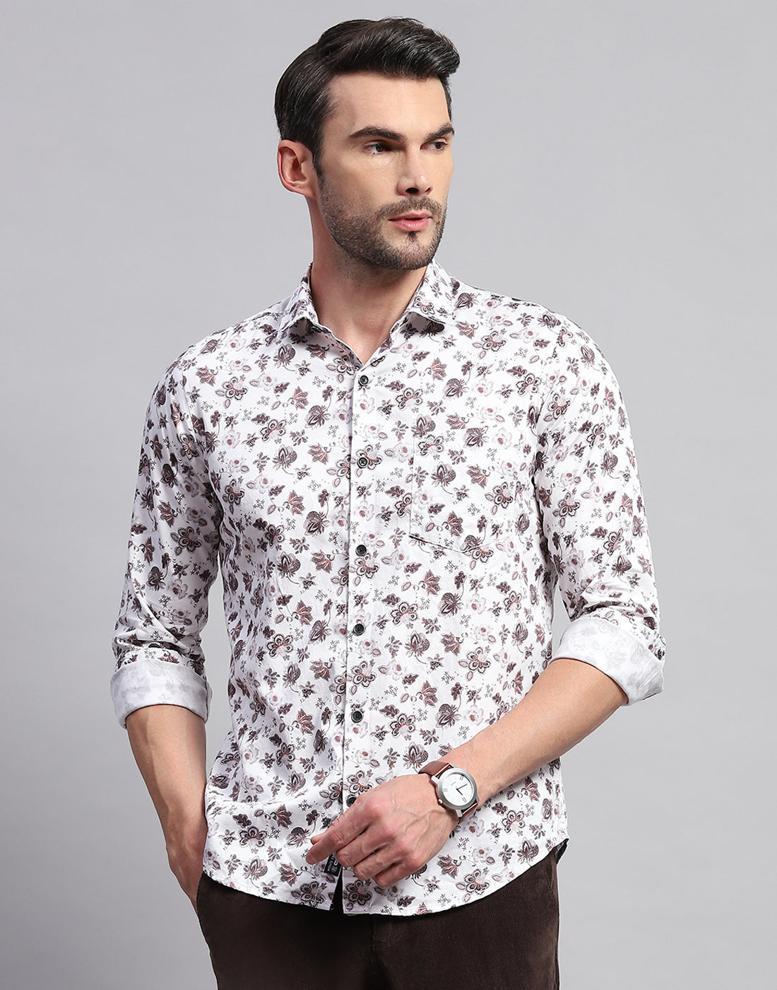 Men Off White Floral Print Collar Neck Full Sleeve Shirt