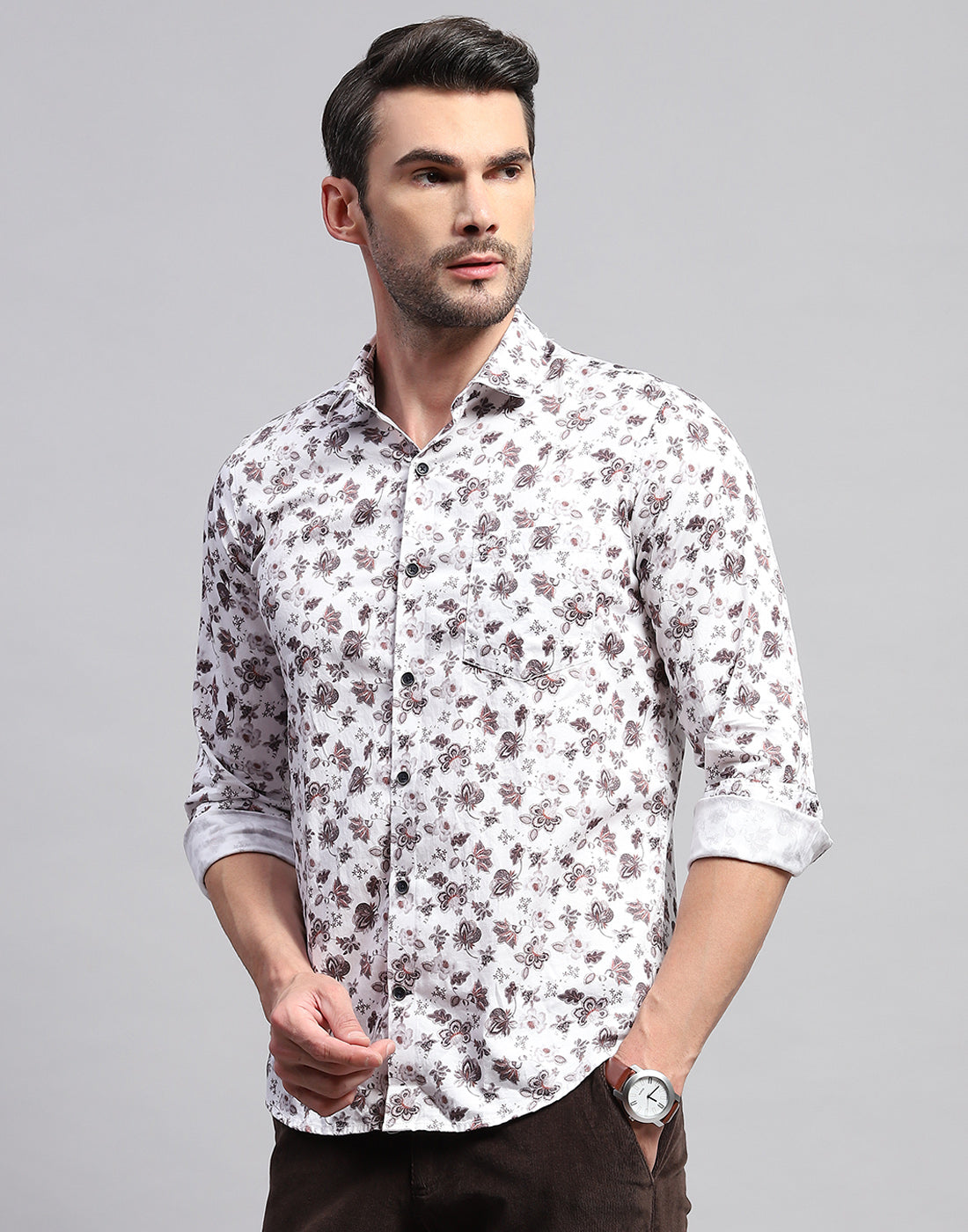 Men Off White Floral Print Collar Neck Full Sleeve Shirt