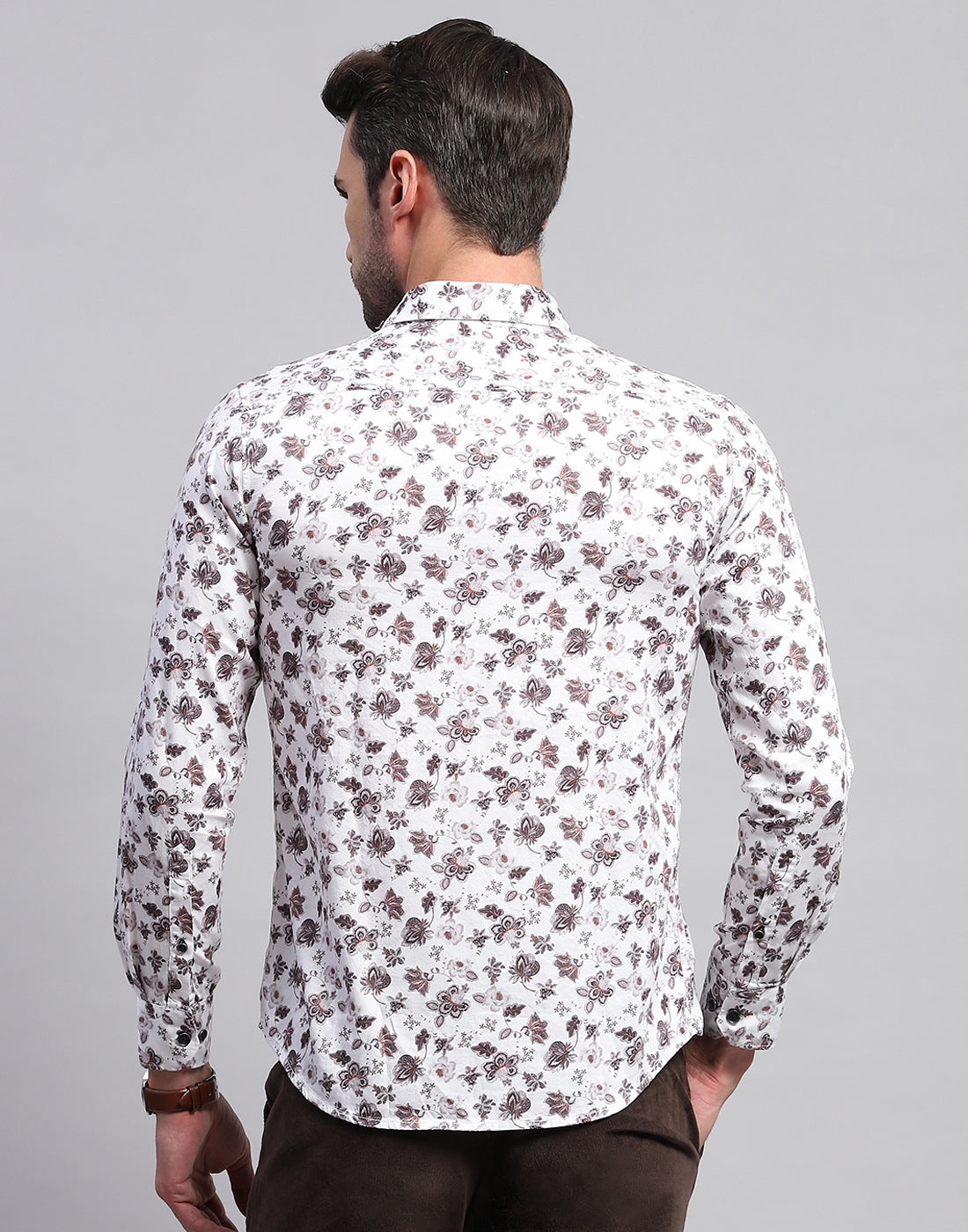 Men Off White Floral Print Collar Neck Full Sleeve Shirt