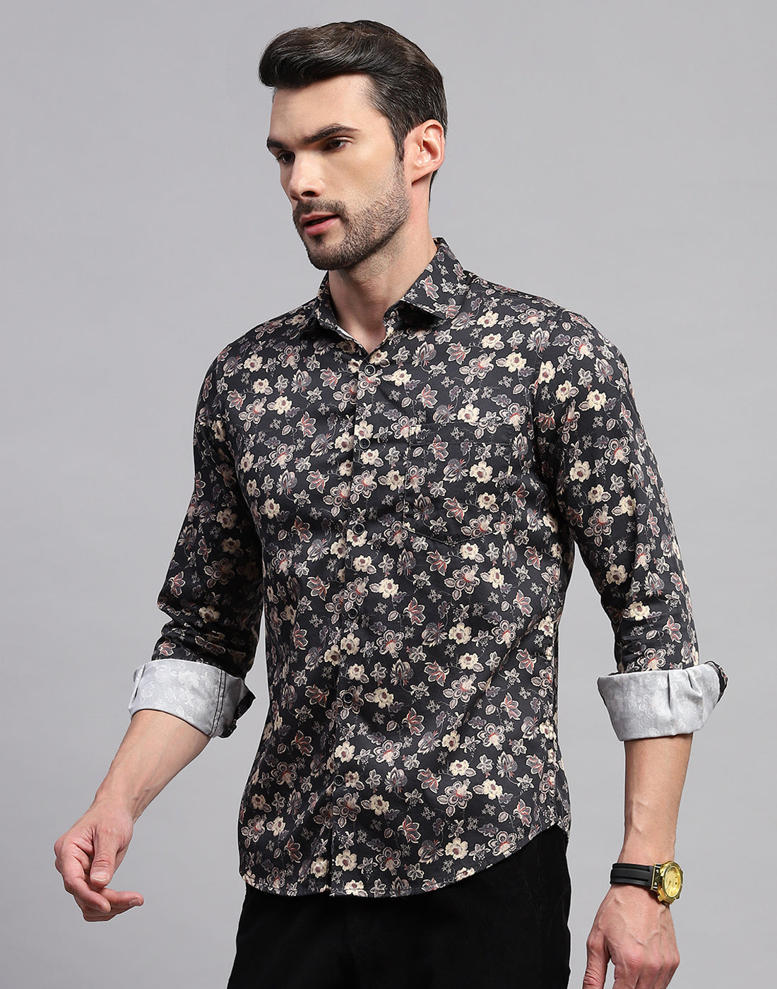 Men Black Floral Print Collar Neck Full Sleeve Shirt