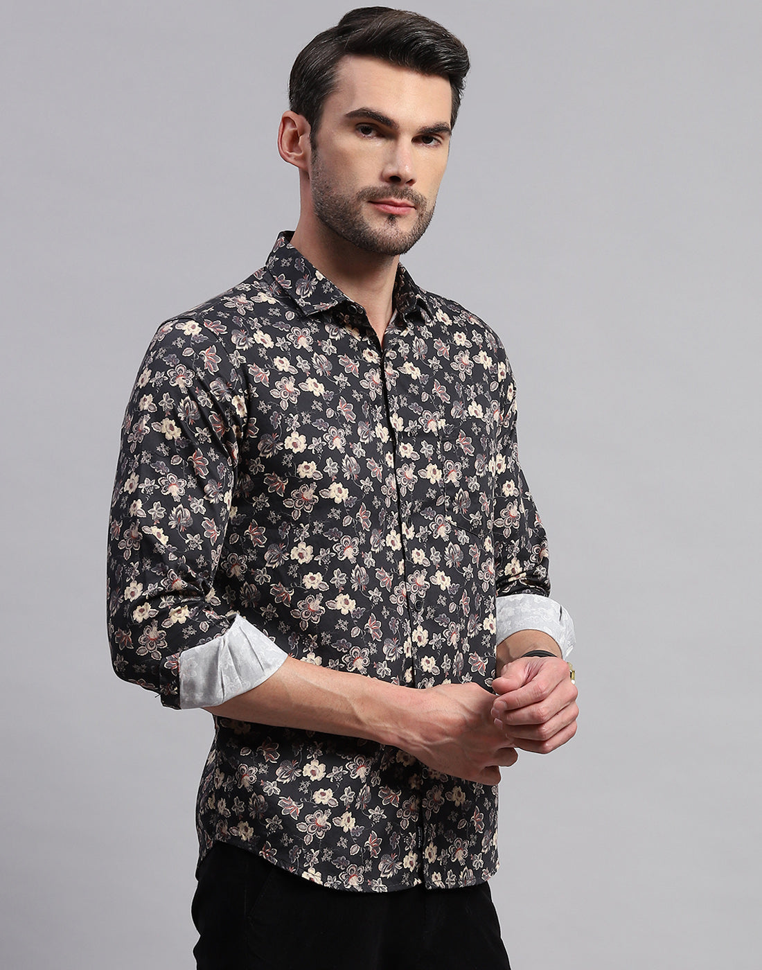 Men Black Floral Print Collar Neck Full Sleeve Shirt