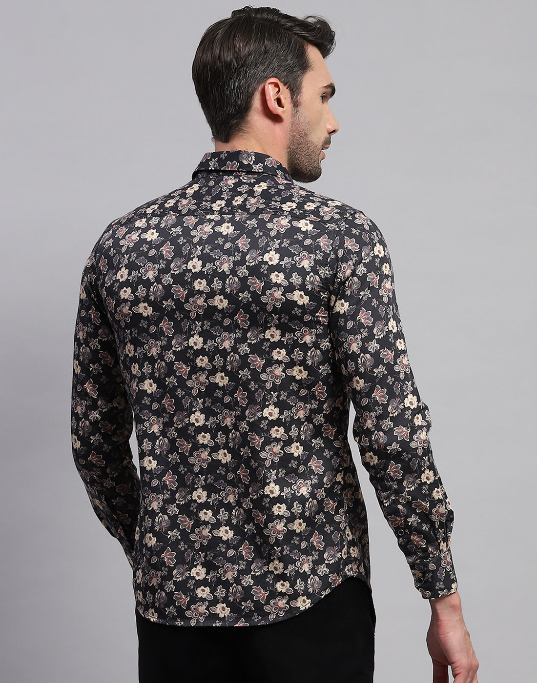 Men Black Floral Print Collar Neck Full Sleeve Shirt