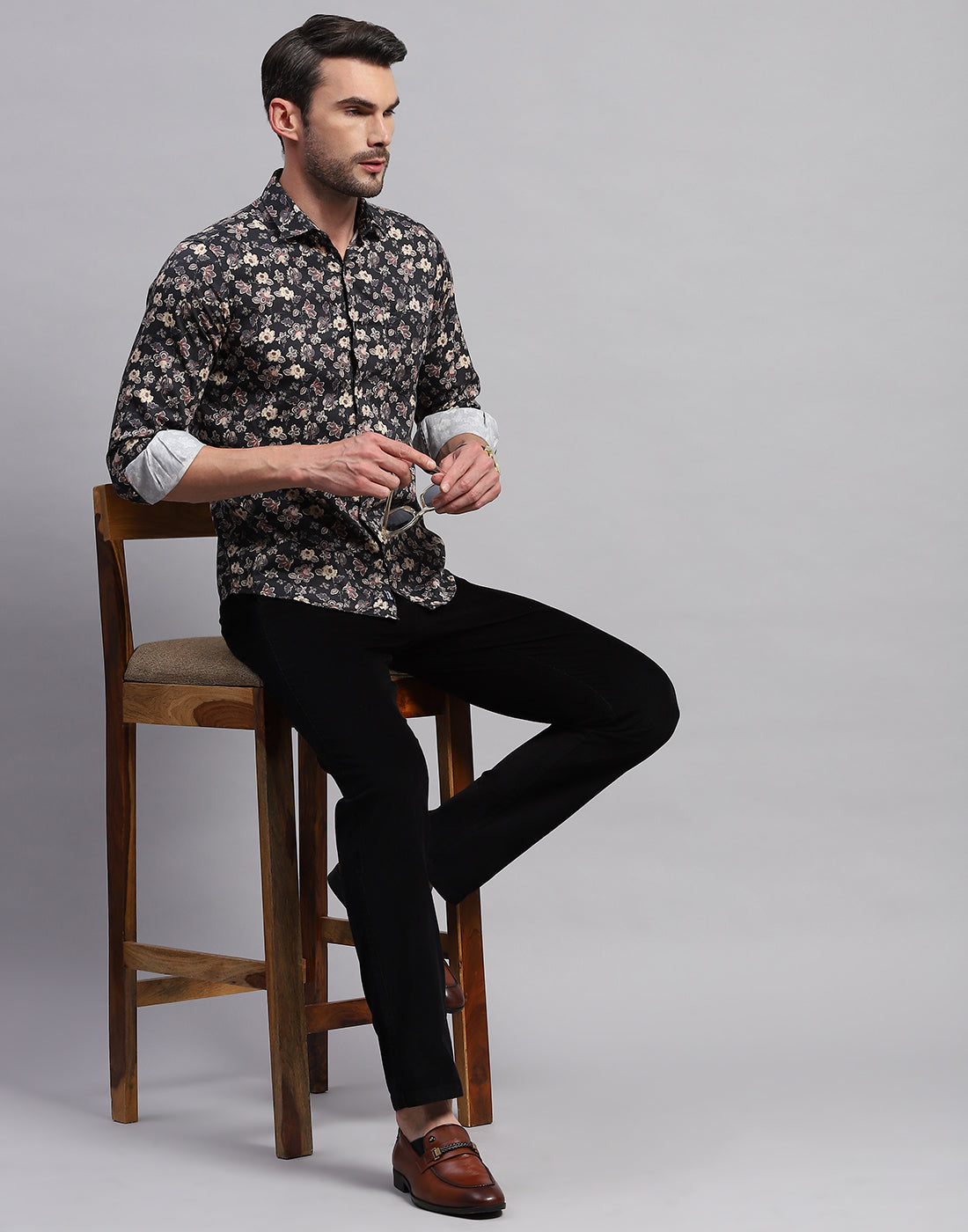 Men Black Floral Print Collar Neck Full Sleeve Shirt