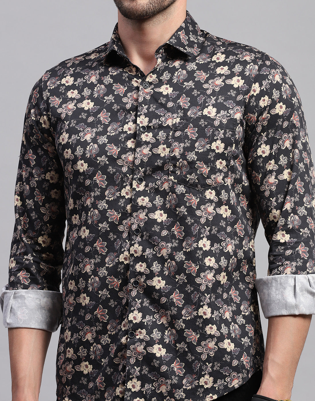 Men Black Floral Print Collar Neck Full Sleeve Shirt