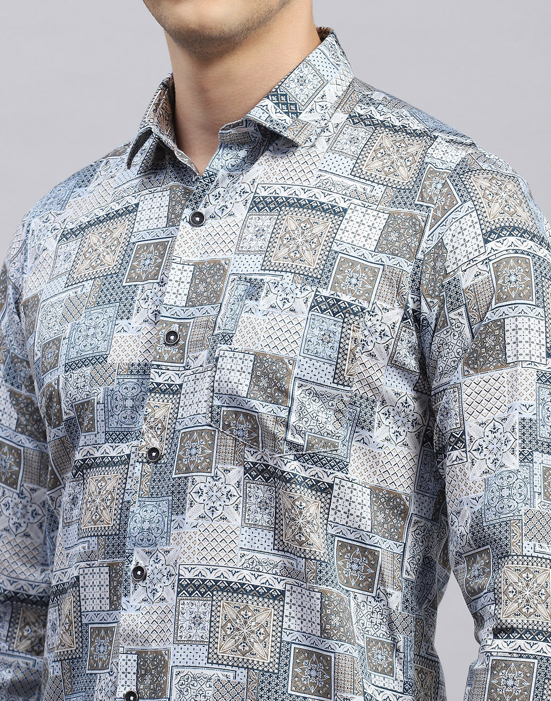 Men Blue Printed Collar Full Sleeve Shirt