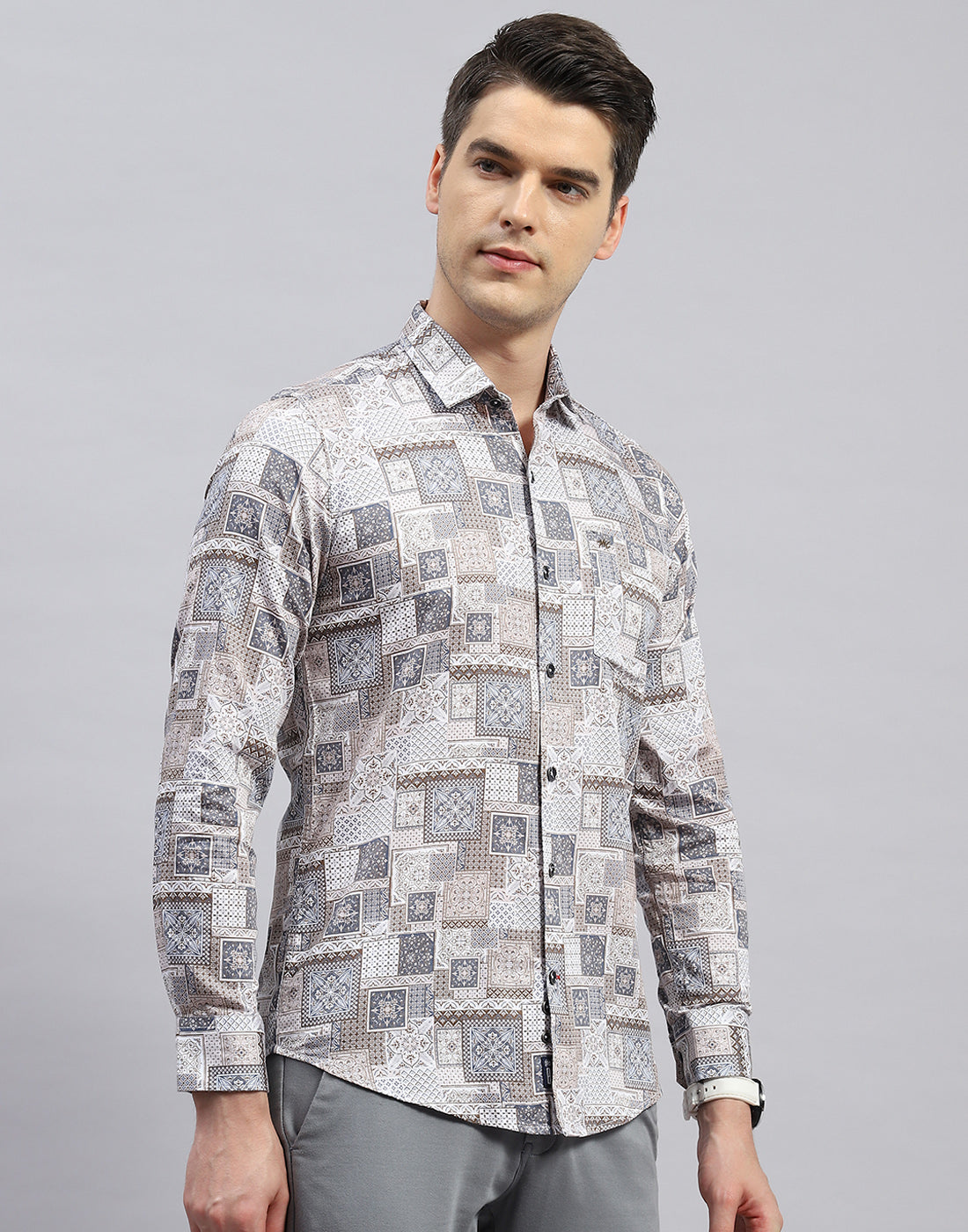 Men Brown Printed Collar Full Sleeve Shirt