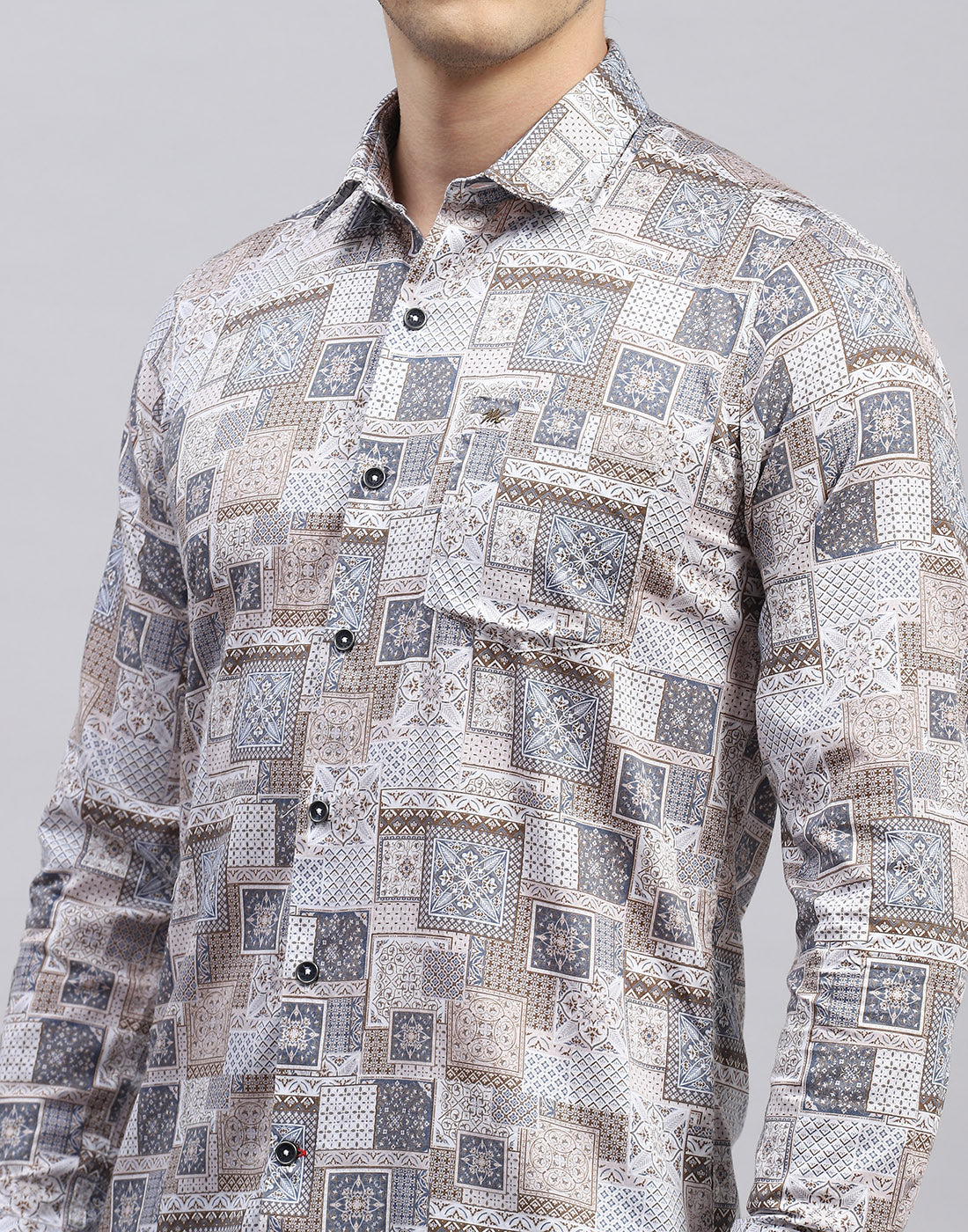 Men Brown Printed Collar Full Sleeve Shirt