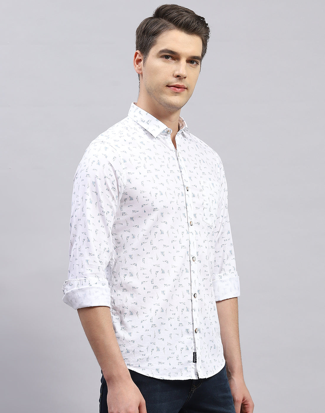 Men White Printed Collar Full Sleeve Shirt