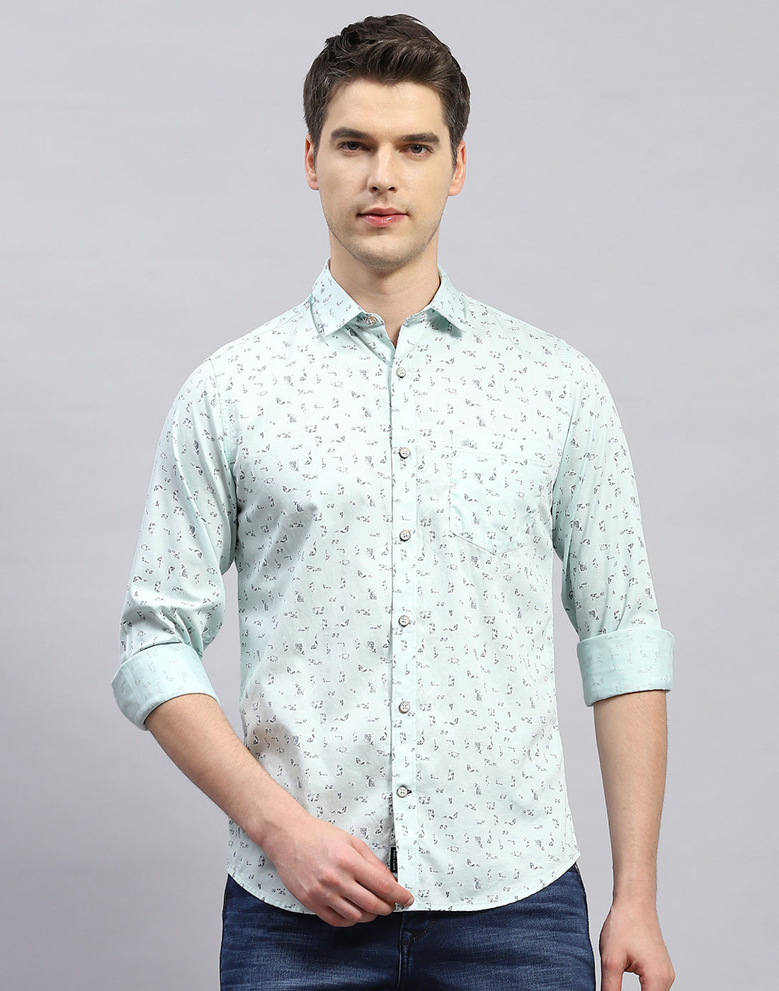 Men Sea Green Printed Collar Full Sleeve Shirt