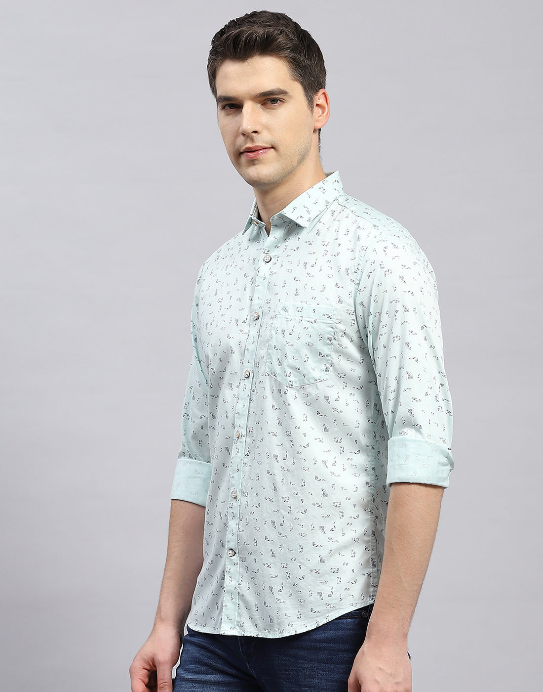 Men Sea Green Printed Collar Full Sleeve Shirt