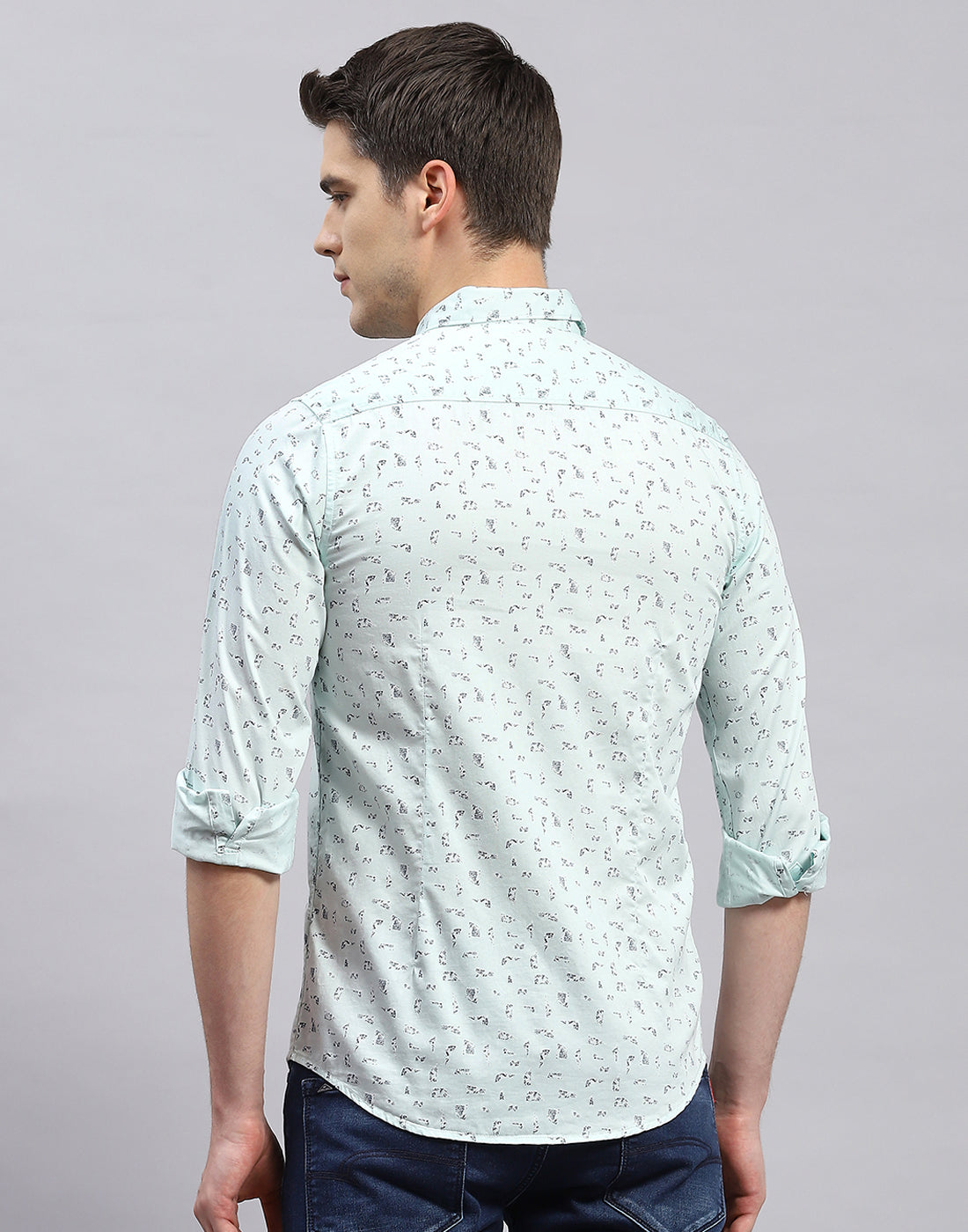 Men Sea Green Printed Collar Full Sleeve Shirt