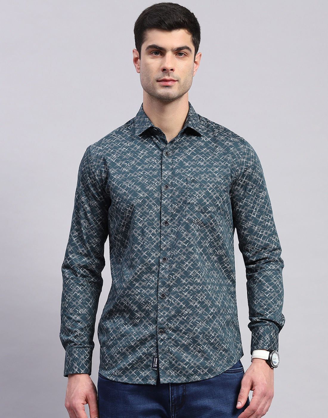 Men Green Printed Collar Full Sleeve Shirt