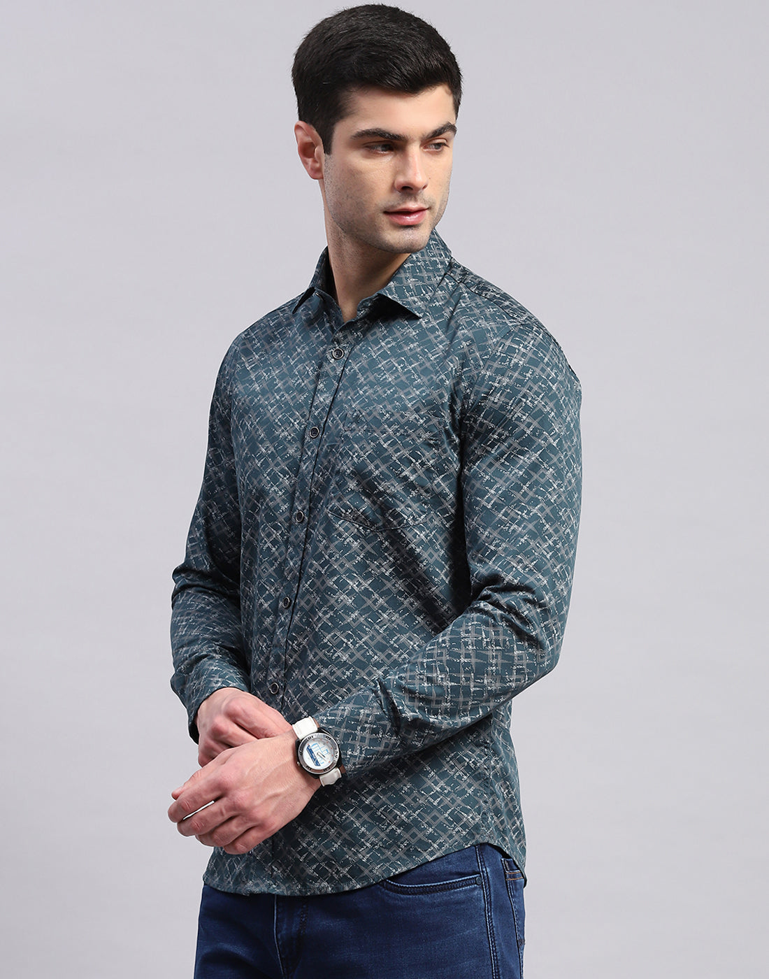 Men Green Printed Collar Full Sleeve Shirt