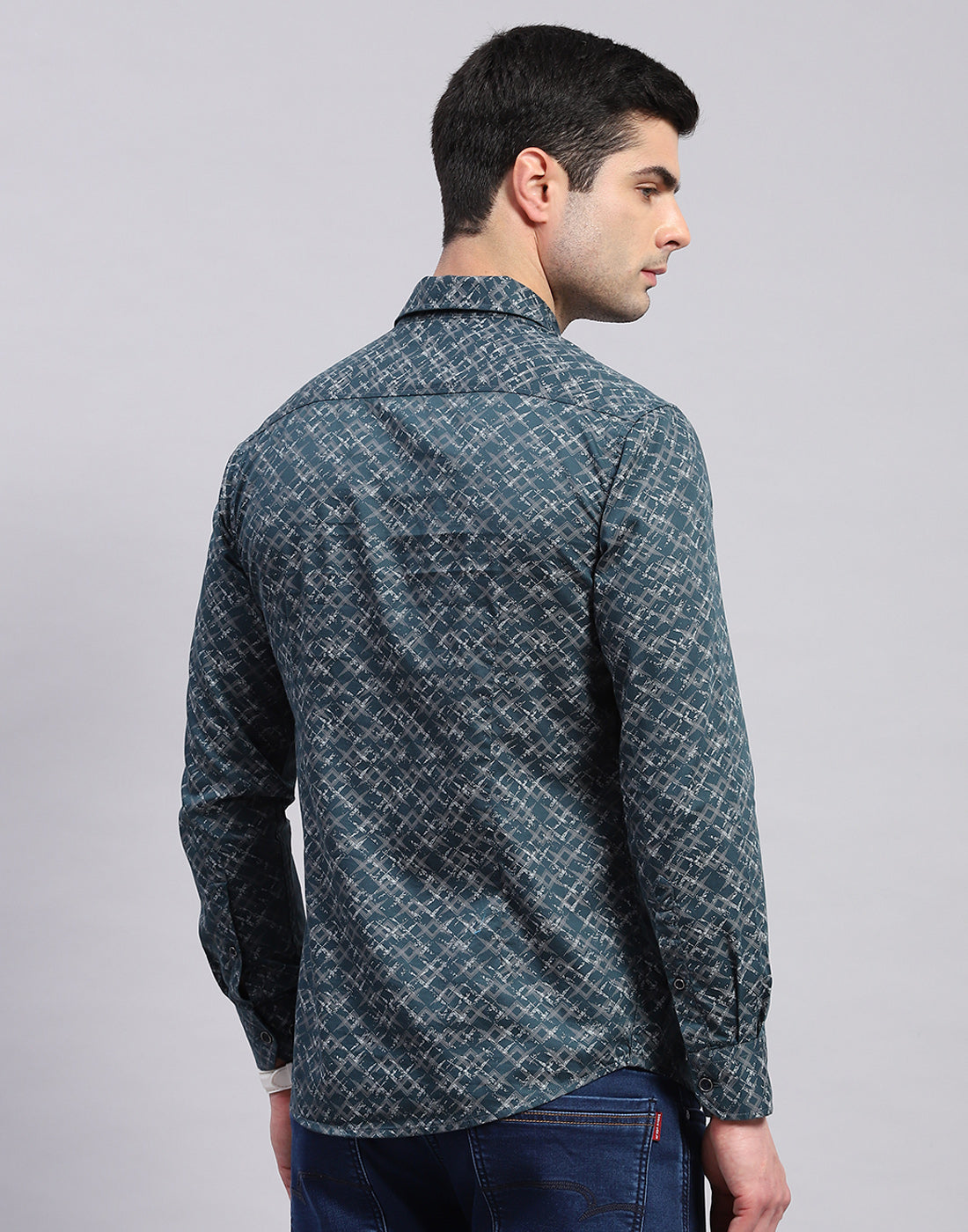 Men Green Printed Collar Full Sleeve Shirt