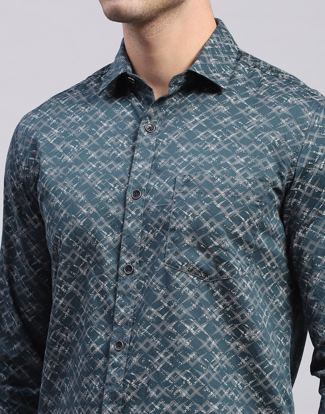 Men Green Printed Collar Full Sleeve Shirt