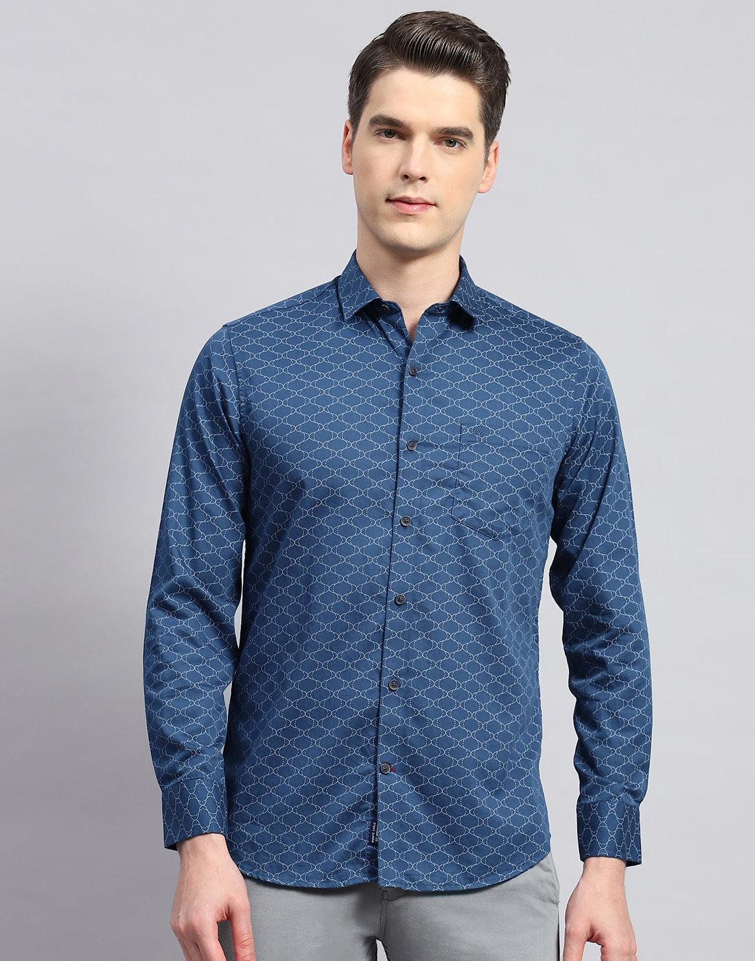 Men Navy Blue Printed Collar Neck Full Sleeve Shirt