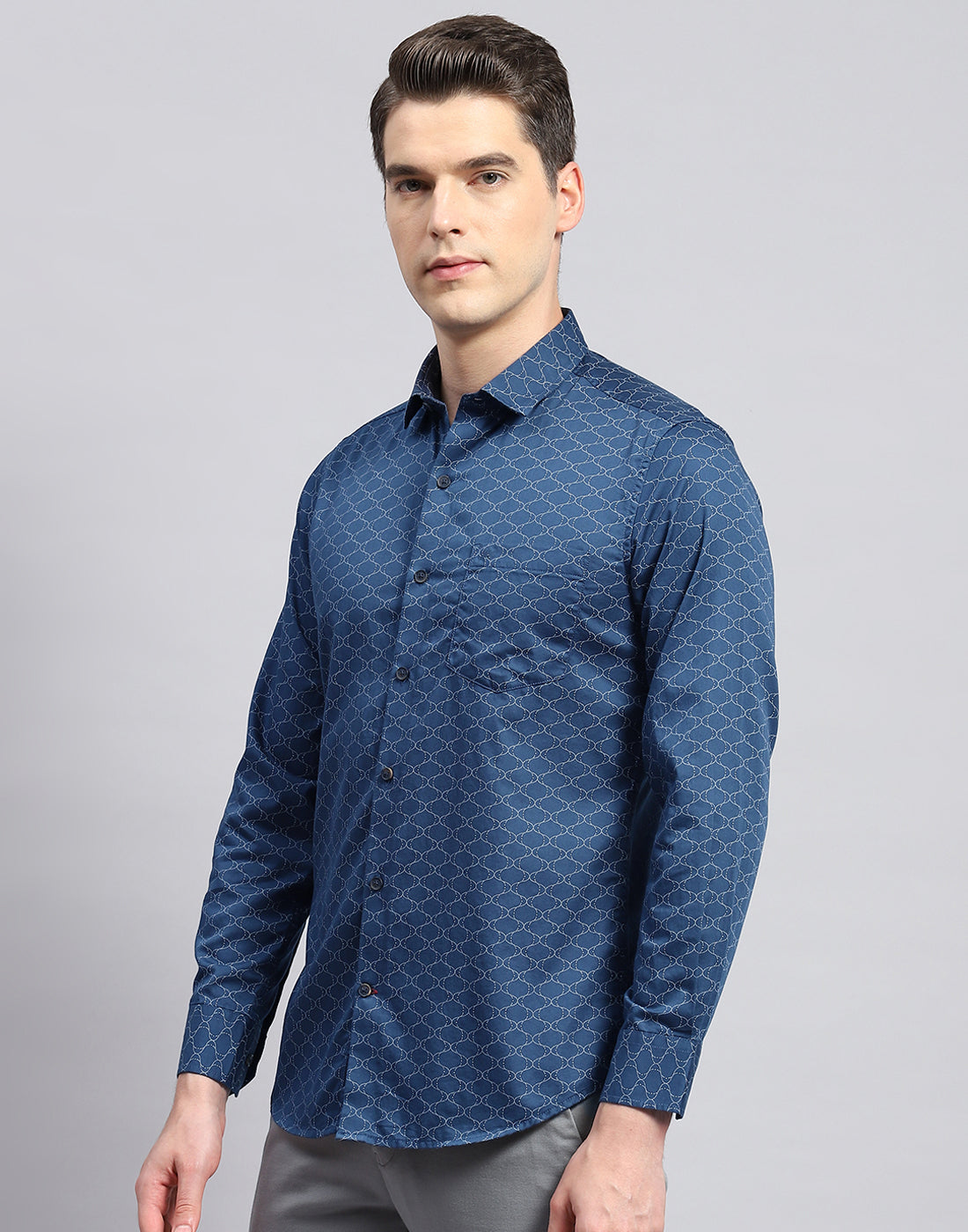 Men Navy Blue Printed Collar Neck Full Sleeve Shirt