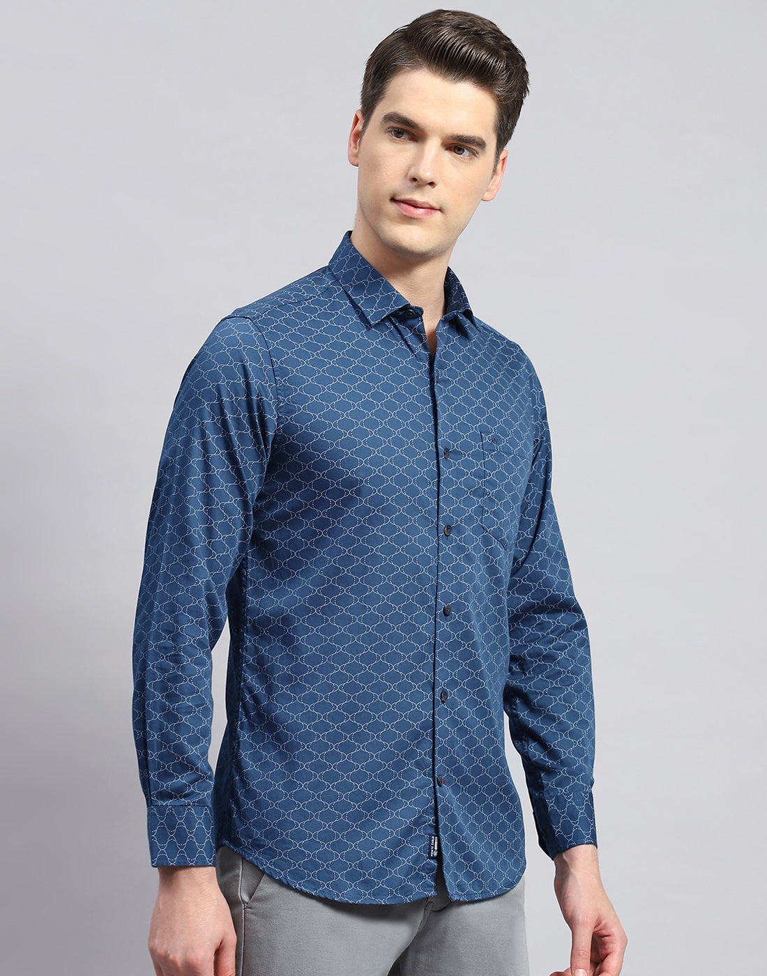 Men Navy Blue Printed Collar Neck Full Sleeve Shirt