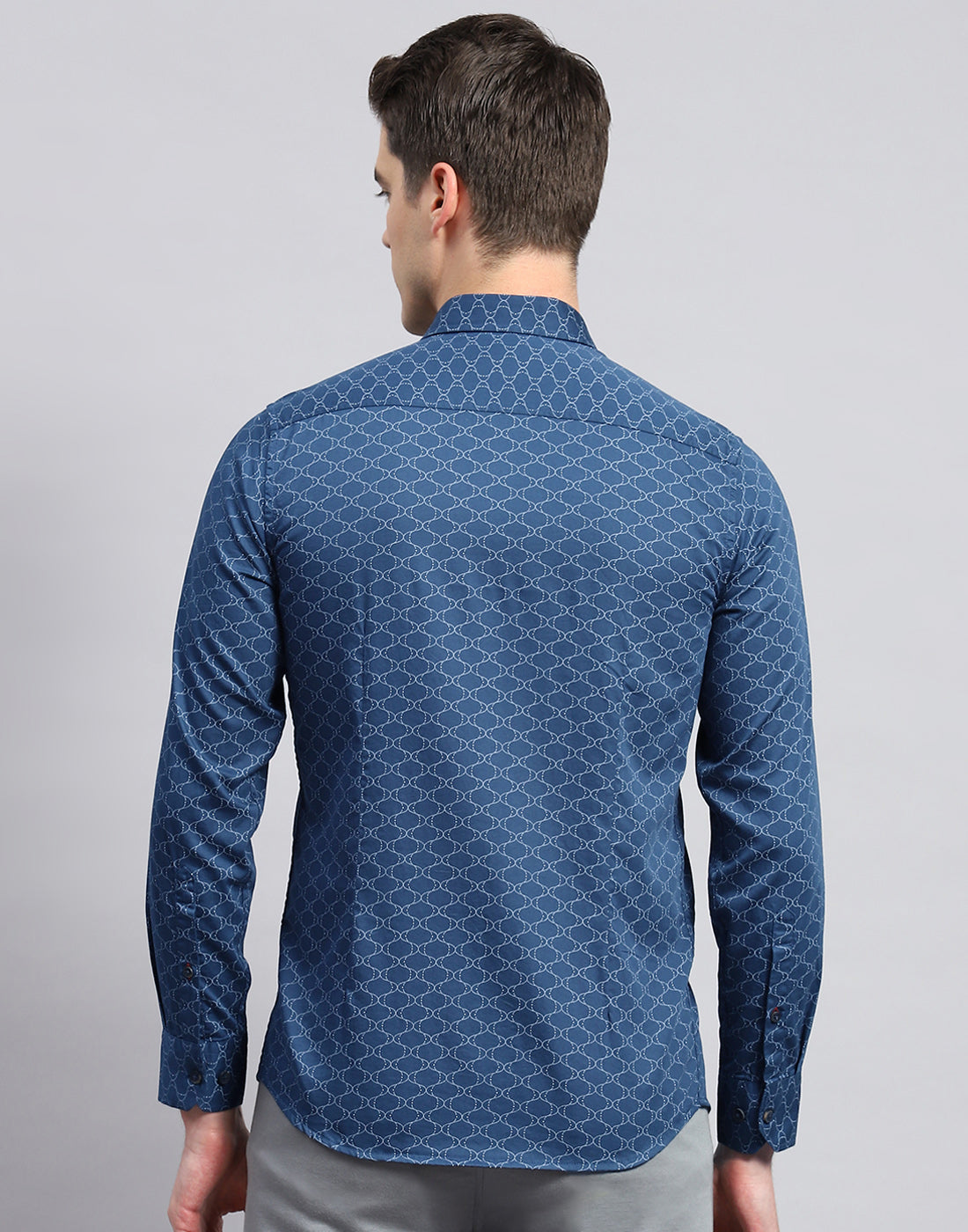 Men Navy Blue Printed Collar Neck Full Sleeve Shirt