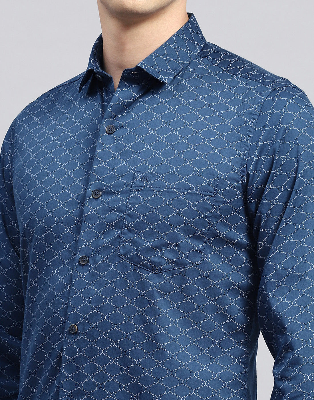 Men Navy Blue Printed Collar Neck Full Sleeve Shirt