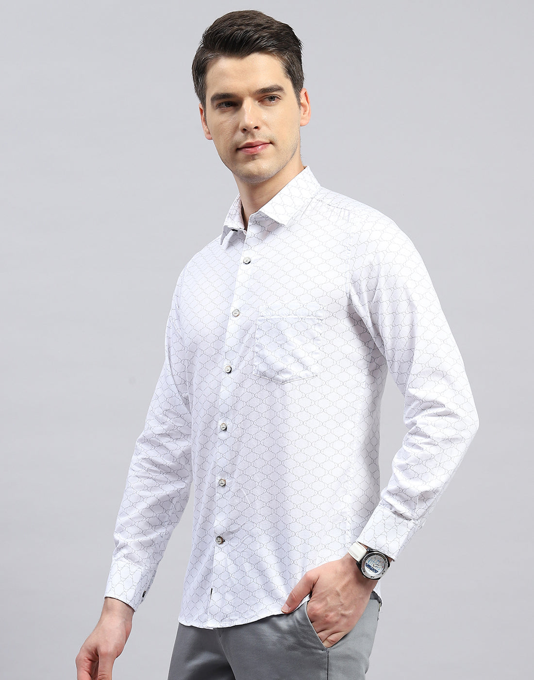 Men White Printed Collar Full Sleeve Shirt