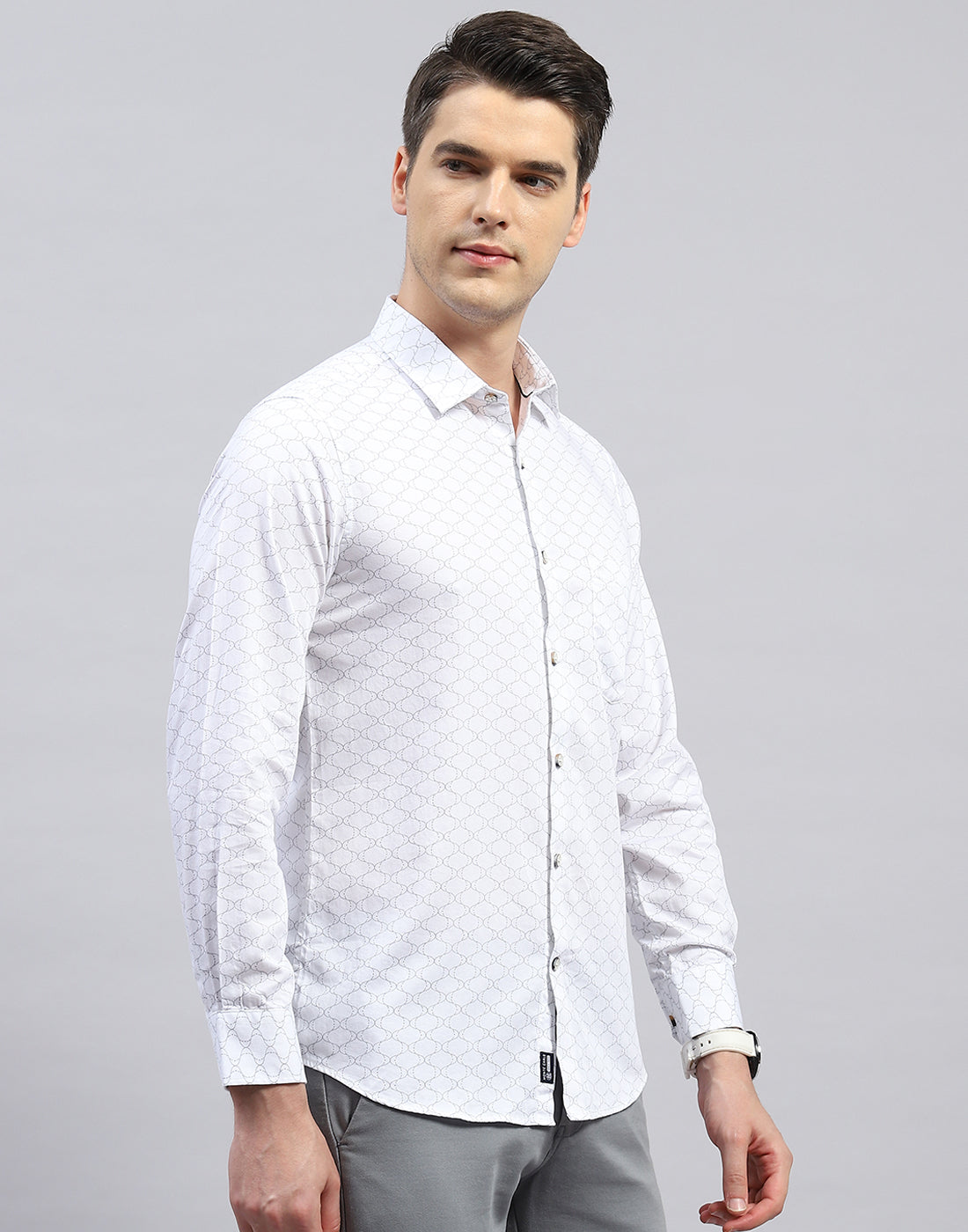 Men White Printed Collar Full Sleeve Shirt