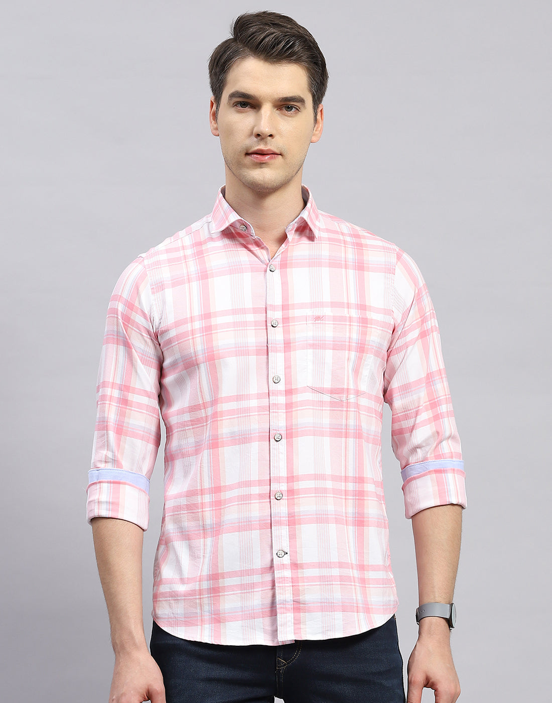 Men Pink Check Collar Full Sleeve Shirt