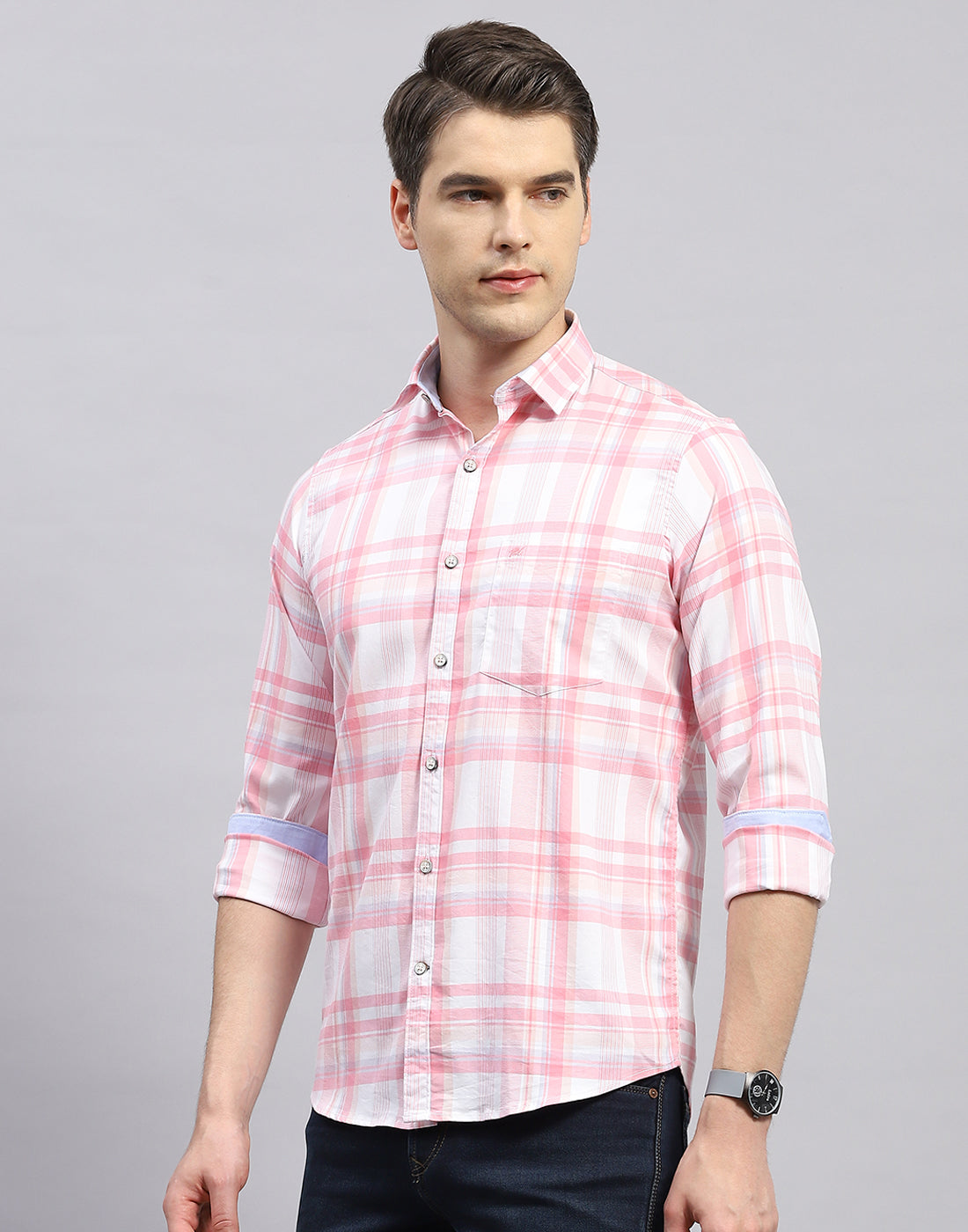 Men Pink Check Collar Full Sleeve Shirt