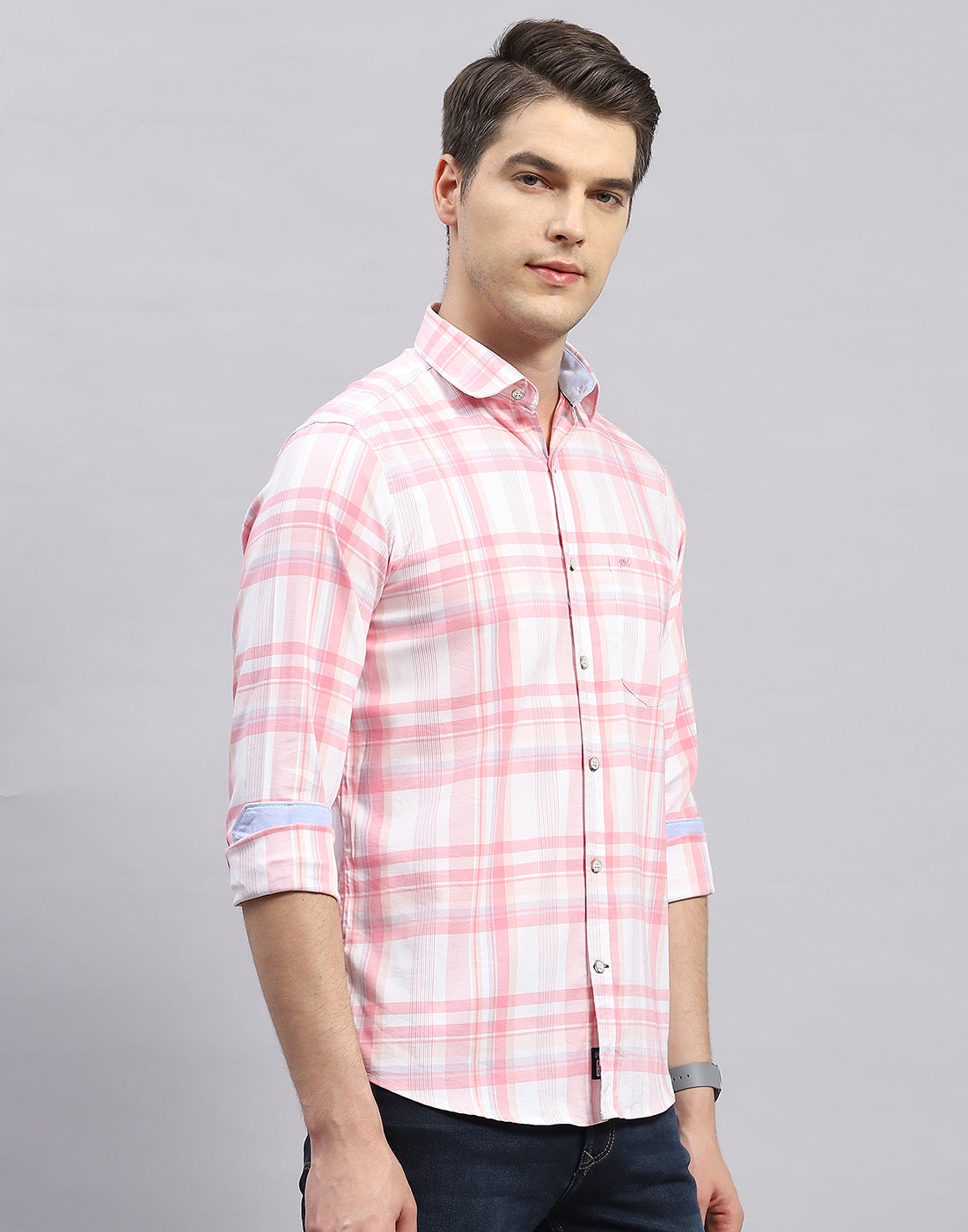 Men Pink Check Collar Full Sleeve Shirt